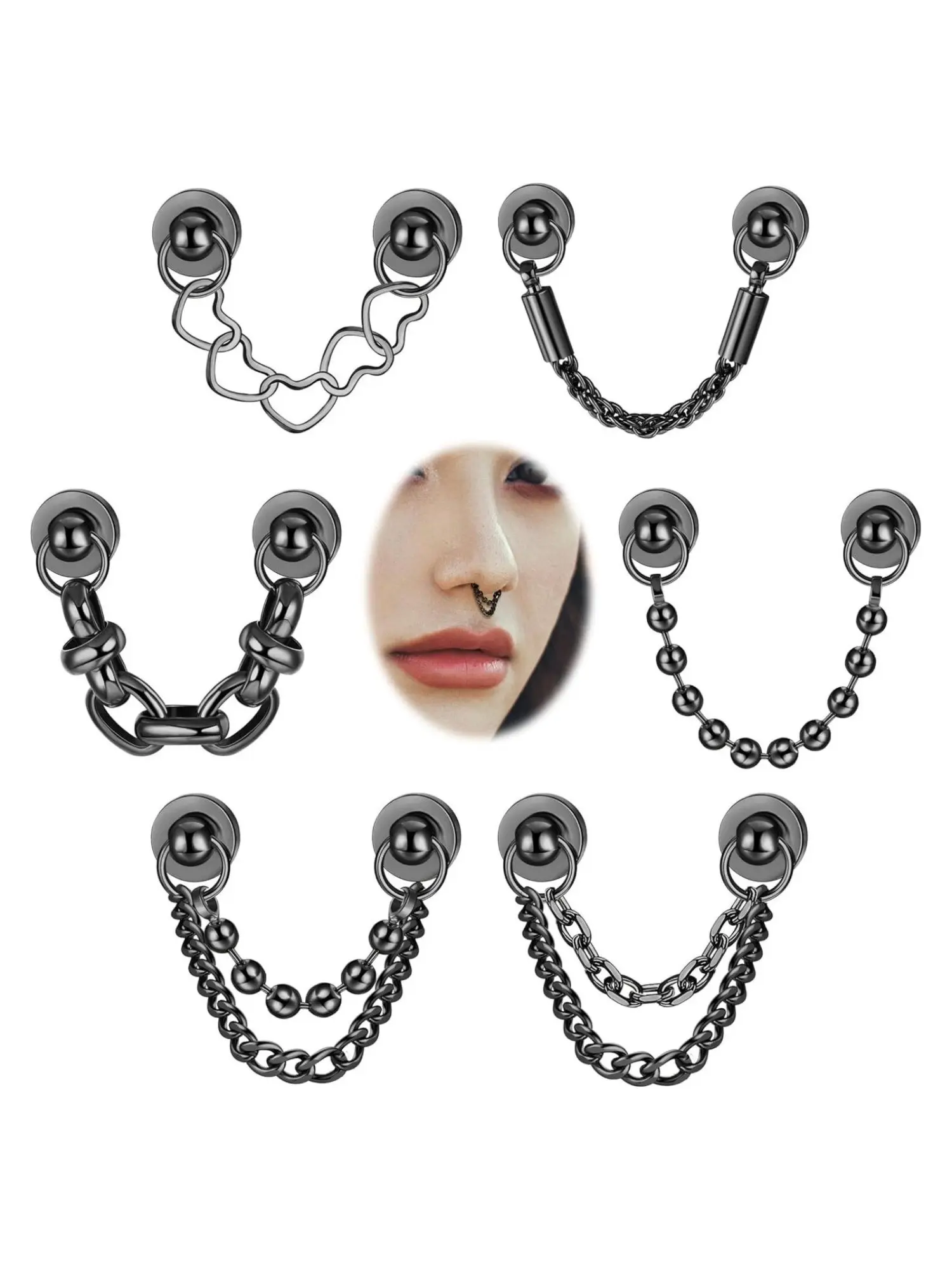 Trendy 6 Pcs Black Diverse Non Piercing Body Jewelry Set Cool Magnetic Septum Copper Nose Rings Nose Hoops for Women Men Stylish Chain Faux Fake Nose Septum Rings Black Heart Bead Chain Non-Pierced Clip on Nose Rings
