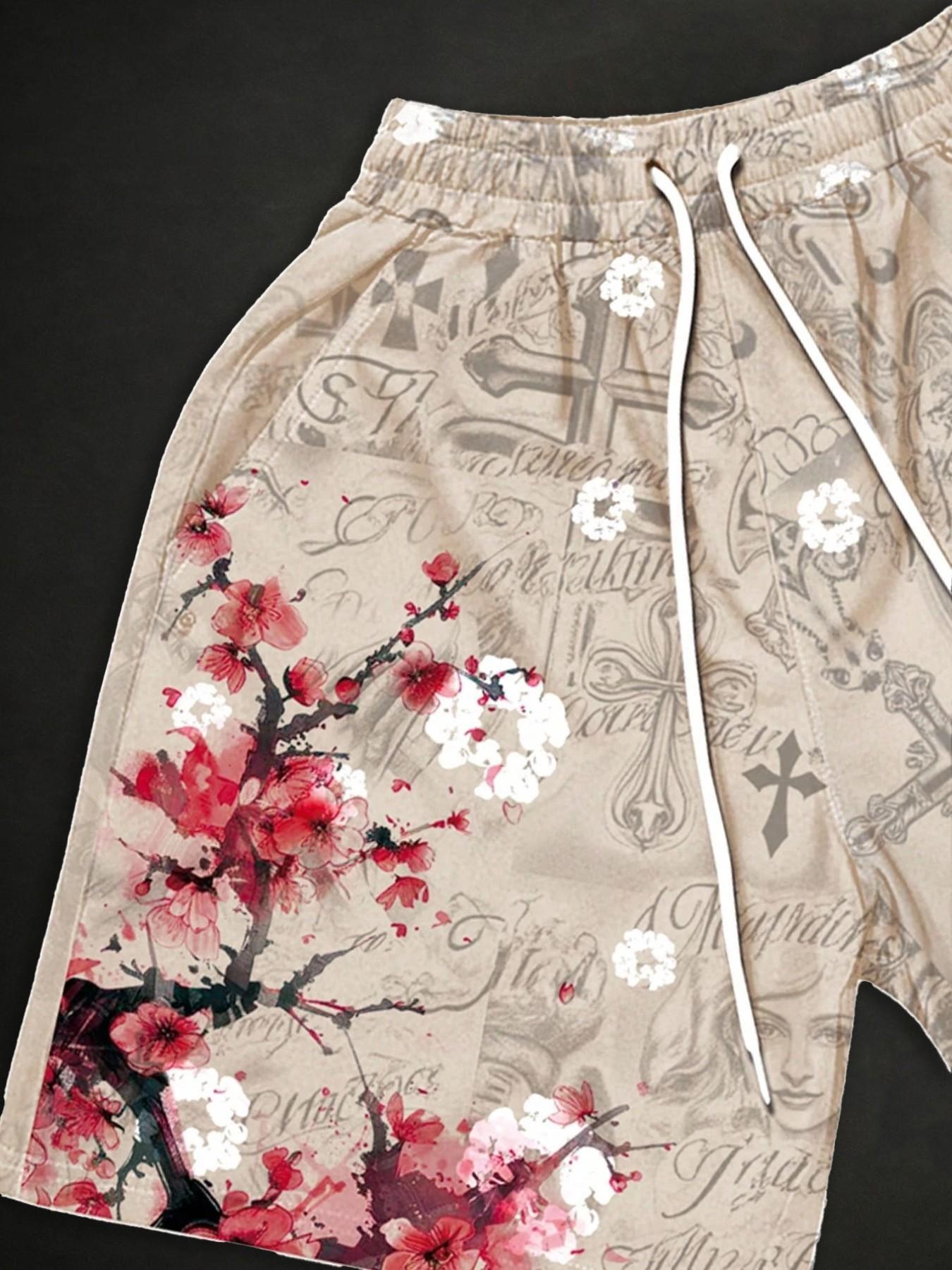 Unisex Jesus Religious Cherry Blossom Print Oversized Drawstring Casual Shorts | Y2K Gothic Japanese Aesthetic High Street American Retro Streetwear Beach Shorts