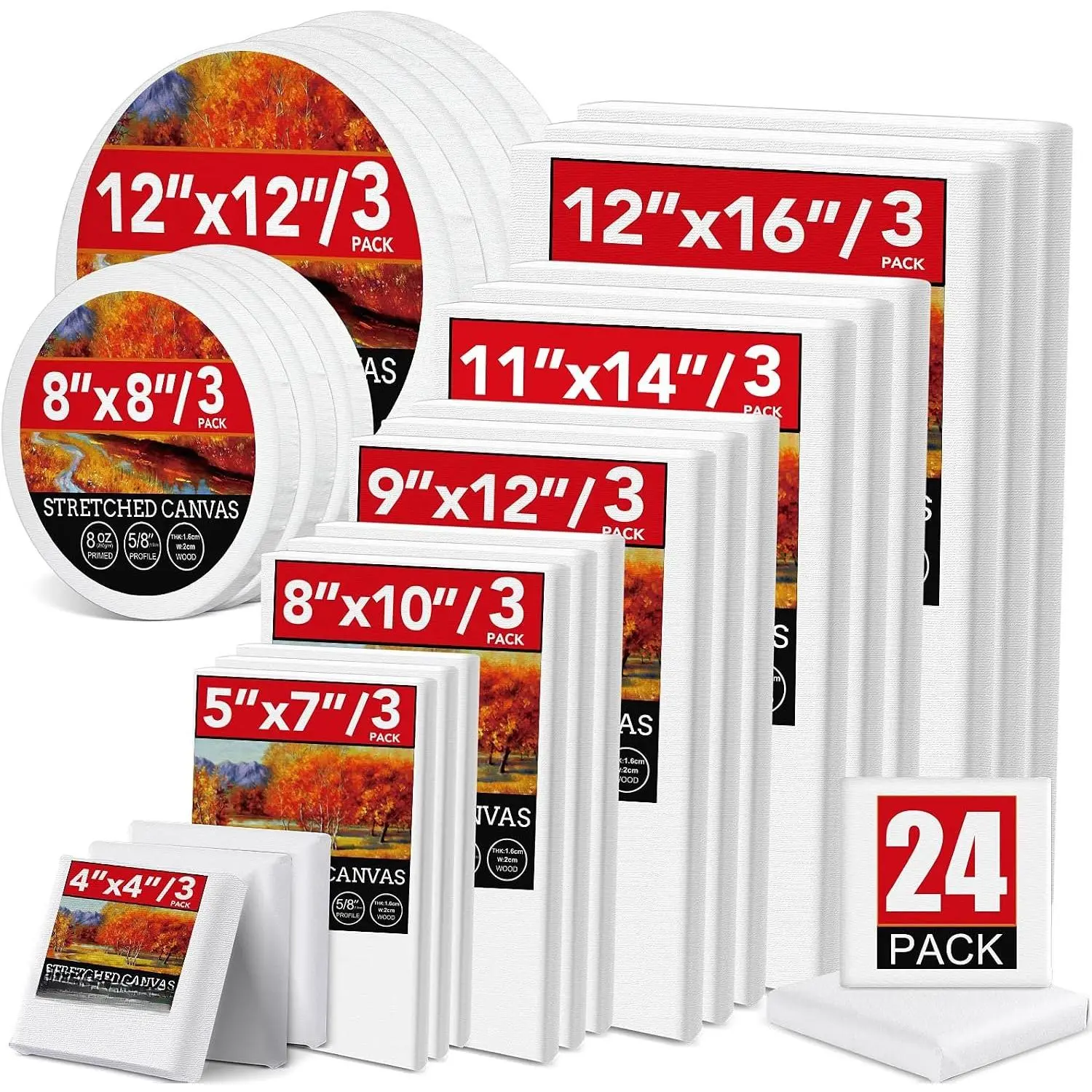 24 Packs - 8 Sizes (3 of Each)