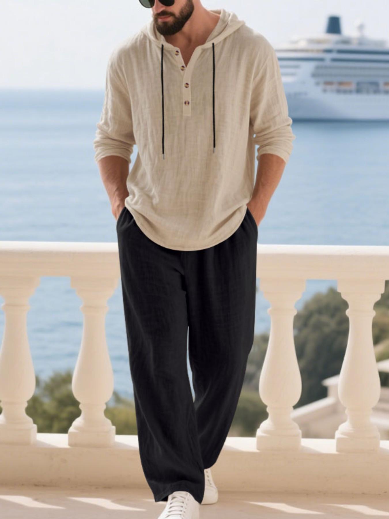 Men's Linen Set Spring Summer 2026, Beach Vacation Casual Style, Lightweight Breathable Hooded Shirt and Straight Leg Pants Two-Piece