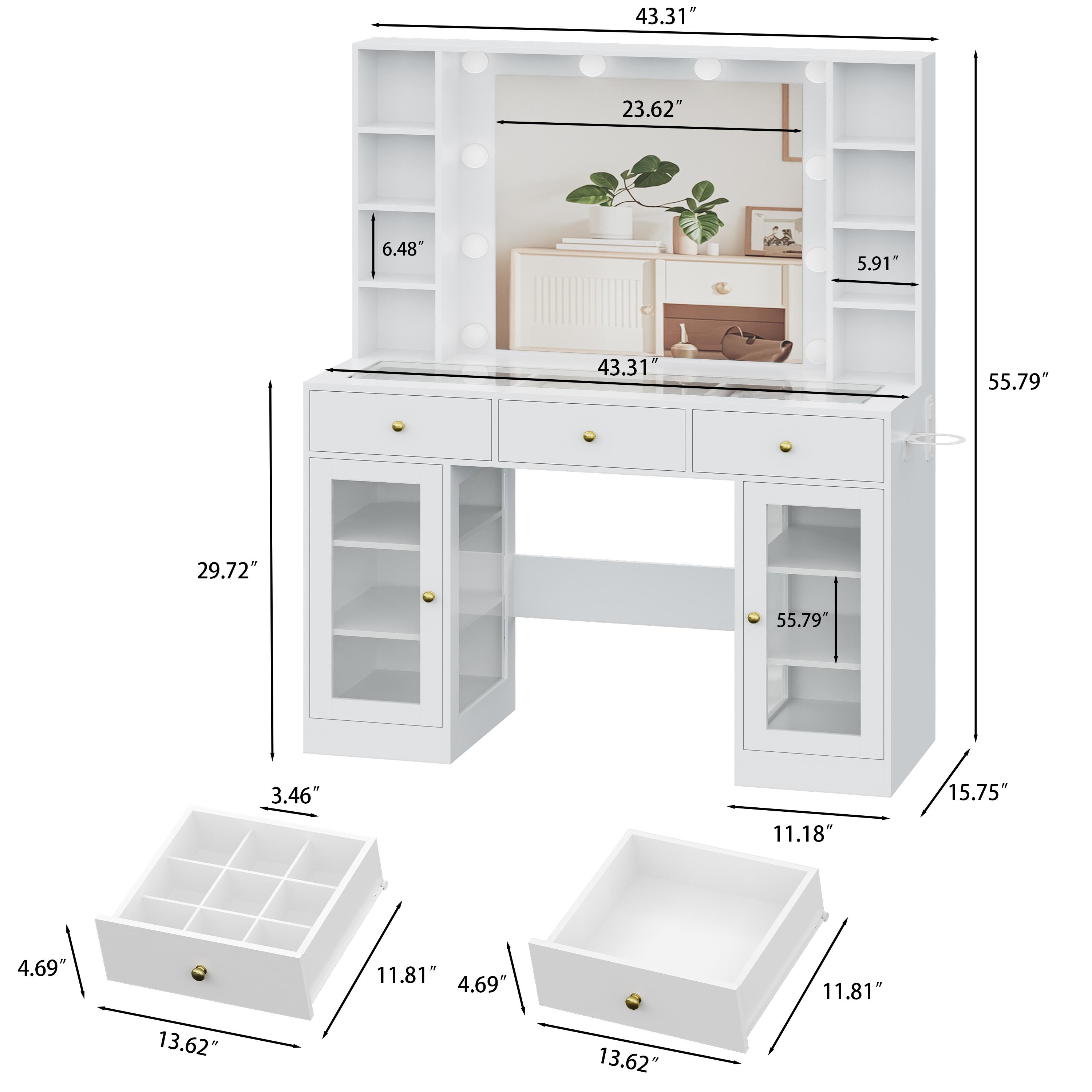 Makeup Vanity Desk with Mirror and Lights, LED Lights & Power Outlet,Modern makeup vanity 3 Drawers & 2 Cabinets, 8 Storage Shelves, Adjustable Lighting, Dressing Table for Bedroom