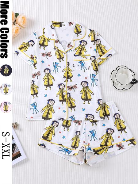 Women's Monkey Print Pajama Set, Short Sleeve Button Front Top & Elastic Shorts, Casual Home Wear, Comfortable Sleepwear, Loungewear