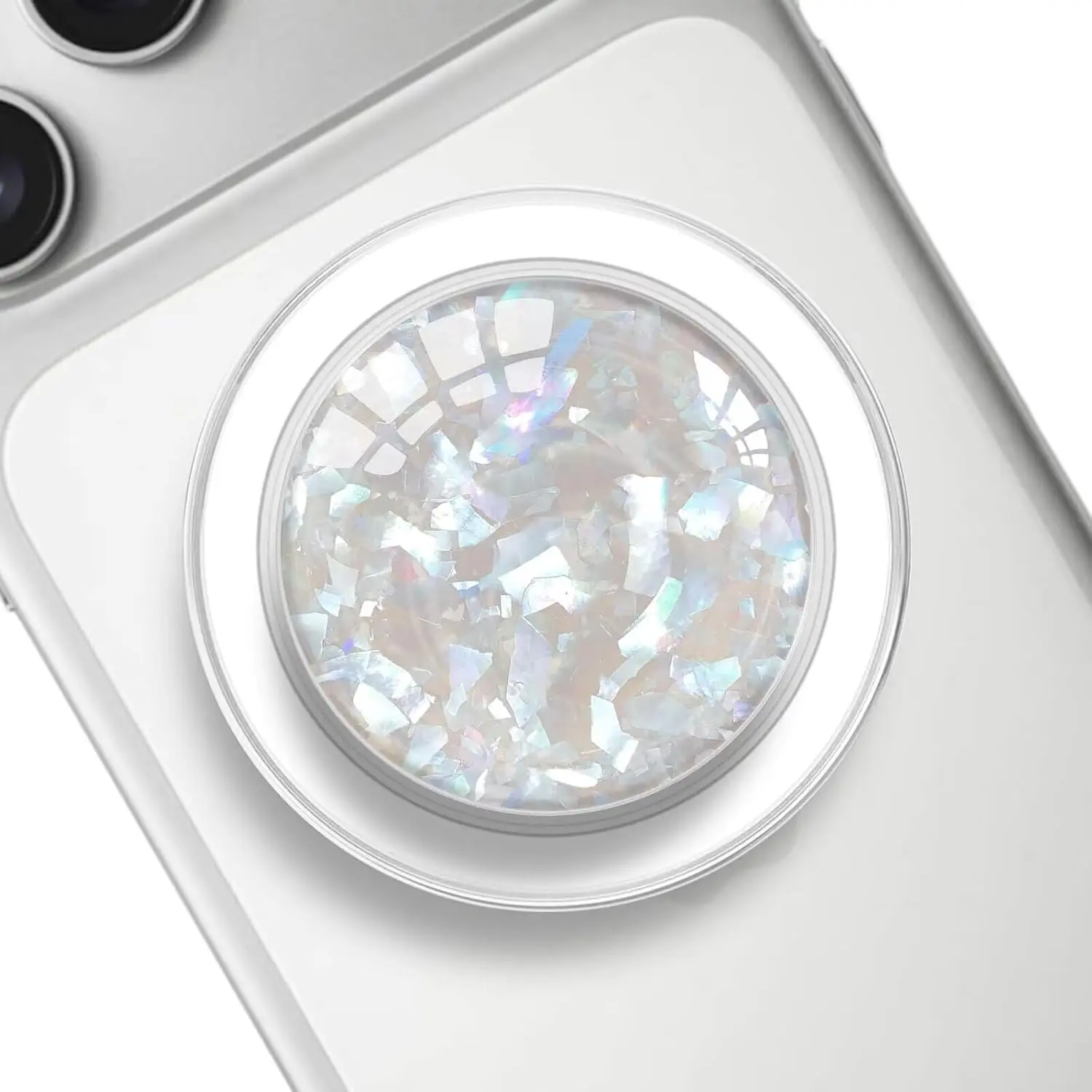 Clear Crystal Natural Sea Shell Mother of Pearl Transparent Magnetic Phone Grip Compatible with Magsafe，Collapsible Mobile Phones Stand Holder for Smartphone Tablet - White Small Fragments