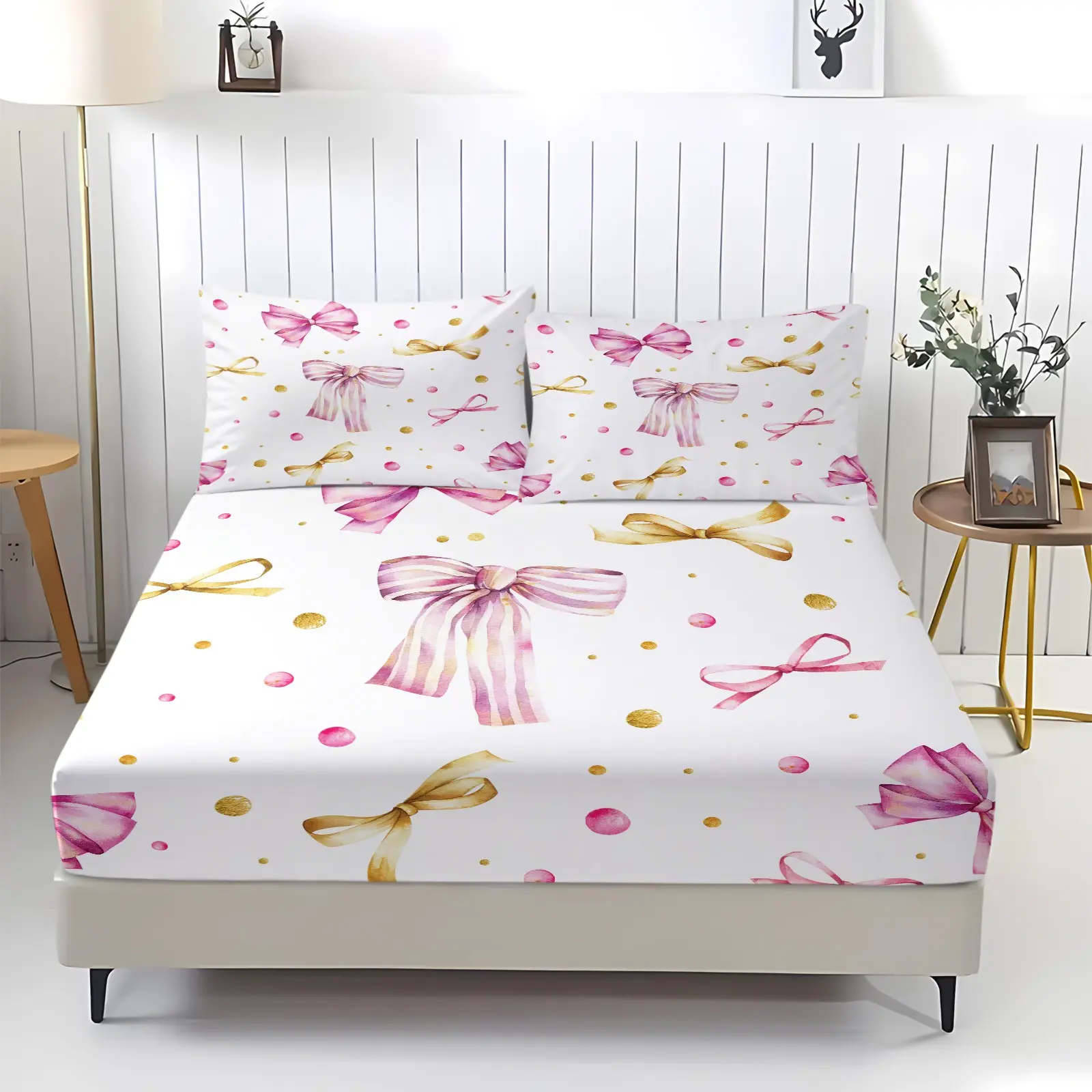 3‑Piece Dreamy Watercolor Multicolor Bow & Dot Fitted Sheet Set & 2 Coreless Pillowcases, Hand‑Painted Bows Scattered Dots, Breathable Machine Washable Fabric, Stretch Deep Pocket, Girls Birthday Gift,  Young Women Elegant Room Refresh