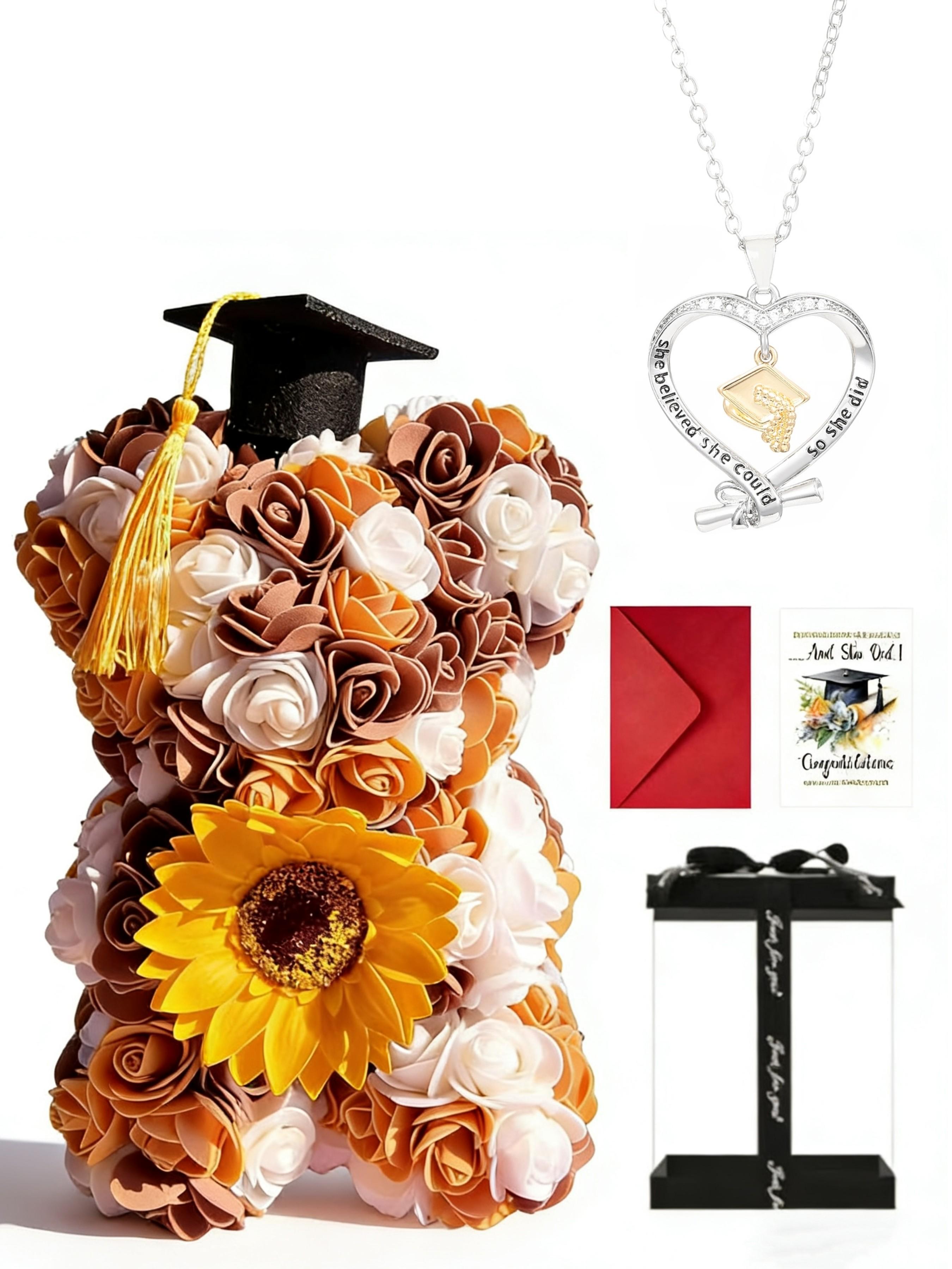 Graduation Season Creative Design Graduation Souvenir Gift, Phd Hat Necklace, Rose Flower Bear, PVC Handbag Packaging Box