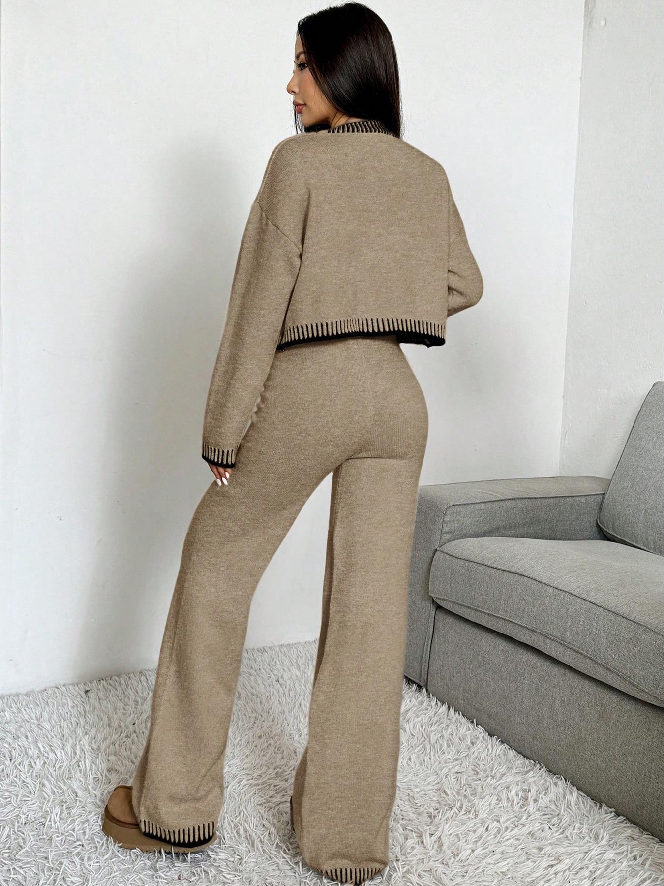 Women's V-Neck Colorblock Sweater Set, Casual Loose-Fit Crop Top & High-Waist Wide Leg Pants, Fall Winter Knitted Set, Womenswear