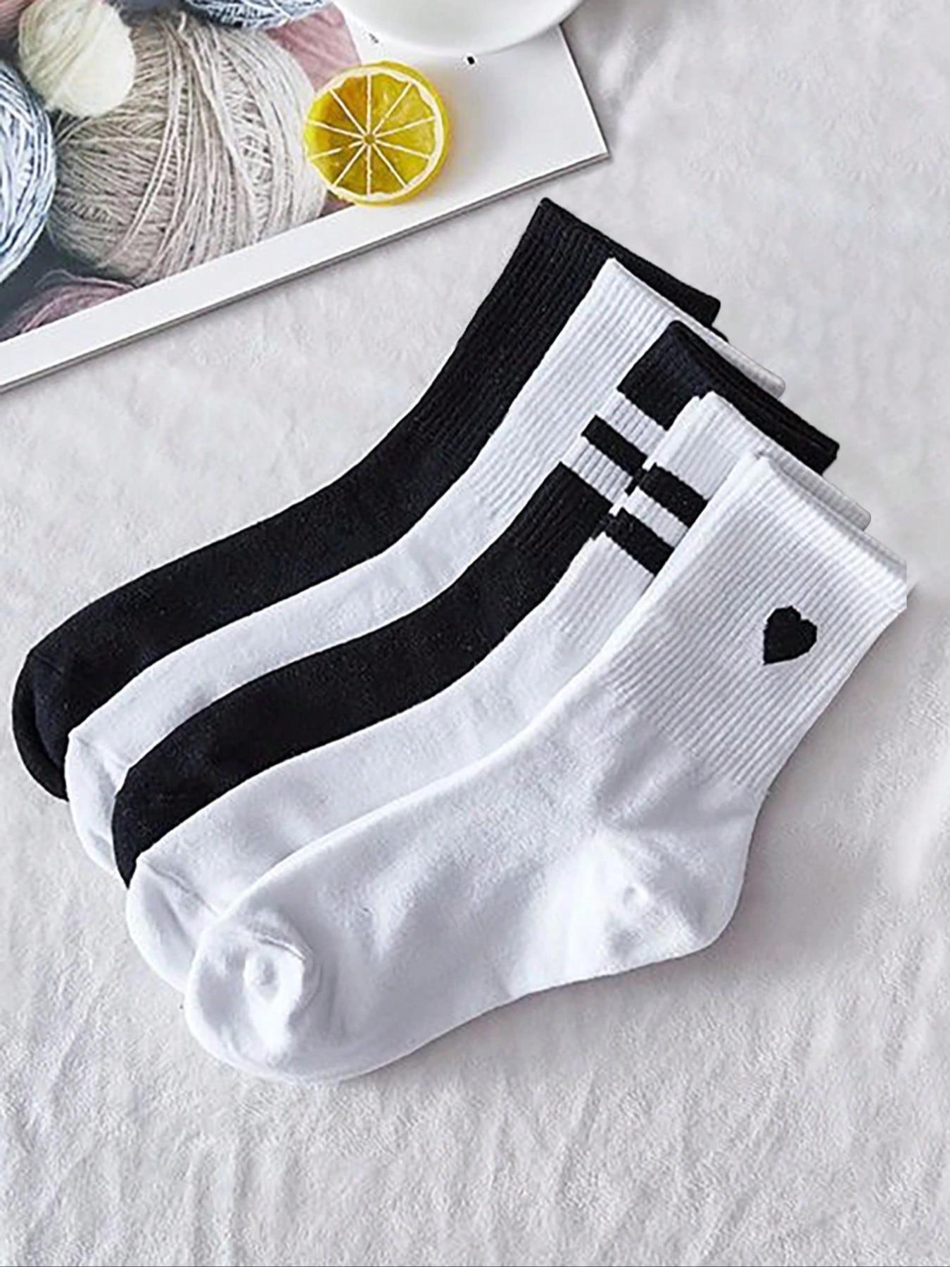 Women's Mid-Calf Socks, Striped Solid Color Heart Print Everyday Casual Sports Socks, Teenage College Style Long Socks, Comfortable Soft, All Seasons, Fit, Socks For Everyday Wear, Cozy Socks