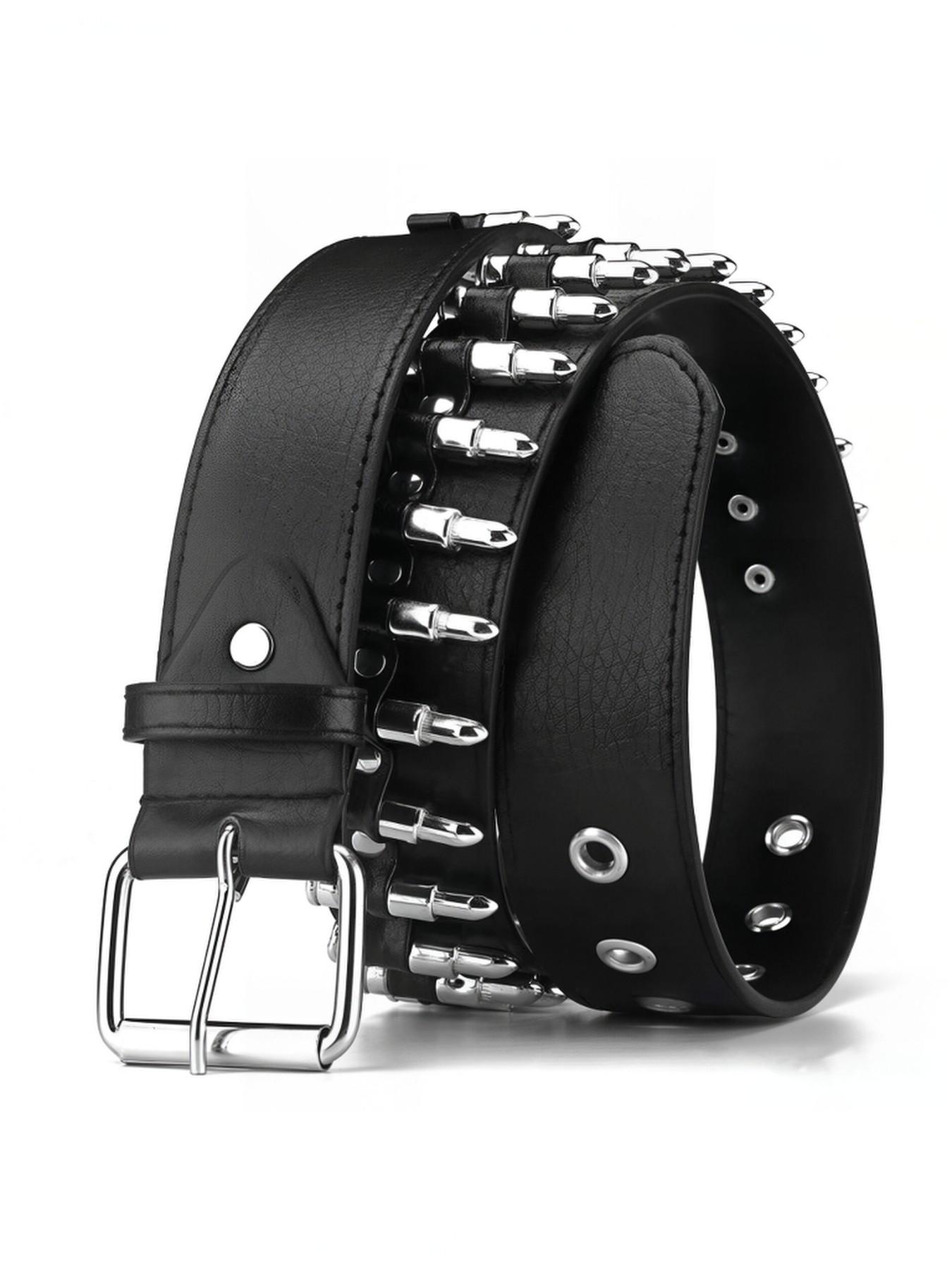 Punk Rock Bullet Head PU Belt, Unisex Rivet Decor, Streetwear & Music Festival Fashion, All-Season Plain Style, Made in China, Unisex Statement Belt, Rivet Decorated Belt