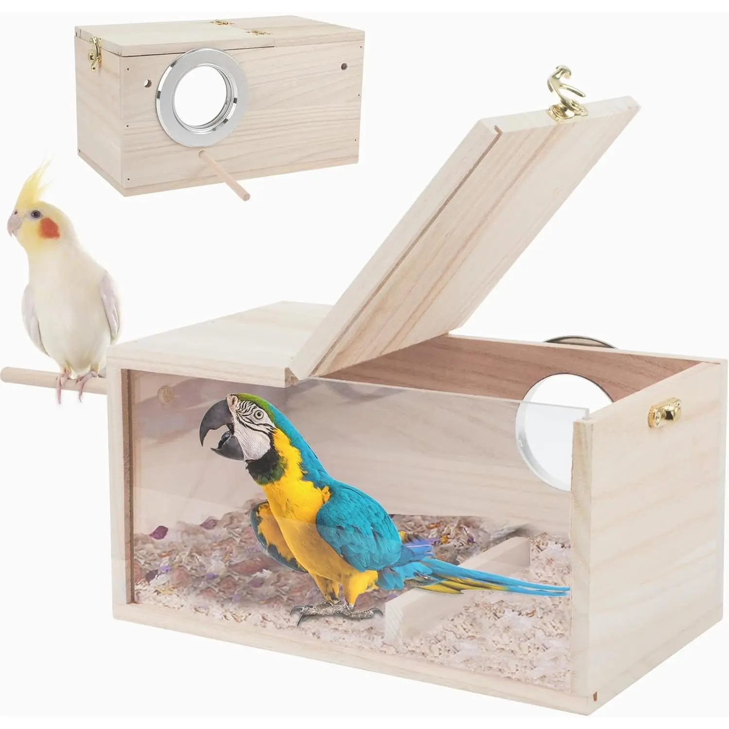 Rypet Parakeet Nesting Box, Cockatiel Bird Nest Box with Perch(XL) |   Wood Bird Cage House, Transparent Thwartwise Design, Warm & Durable for Cockatiel Lovebirds Budgie Finch Parrotlets Canary