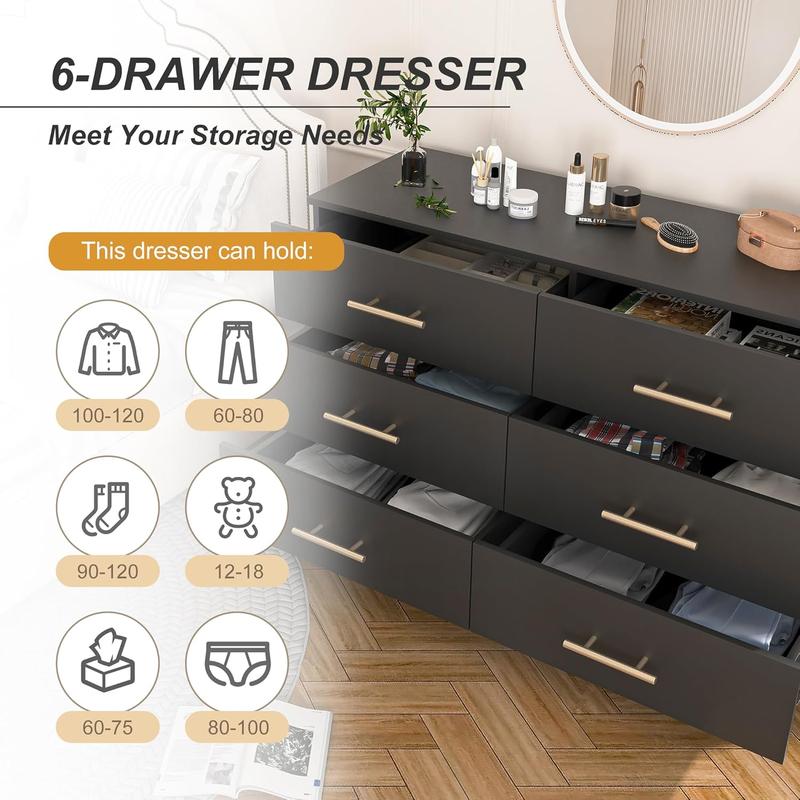 6 Drawer Dresser with Gold Handles for Bedroom, Modern Wide Chest of Drawers with Sturdy Frame for Living Room, TV Stand with Drawers Storage Cabinet Furniture for Closet Beside Living Room,Black Aesthetic Interior