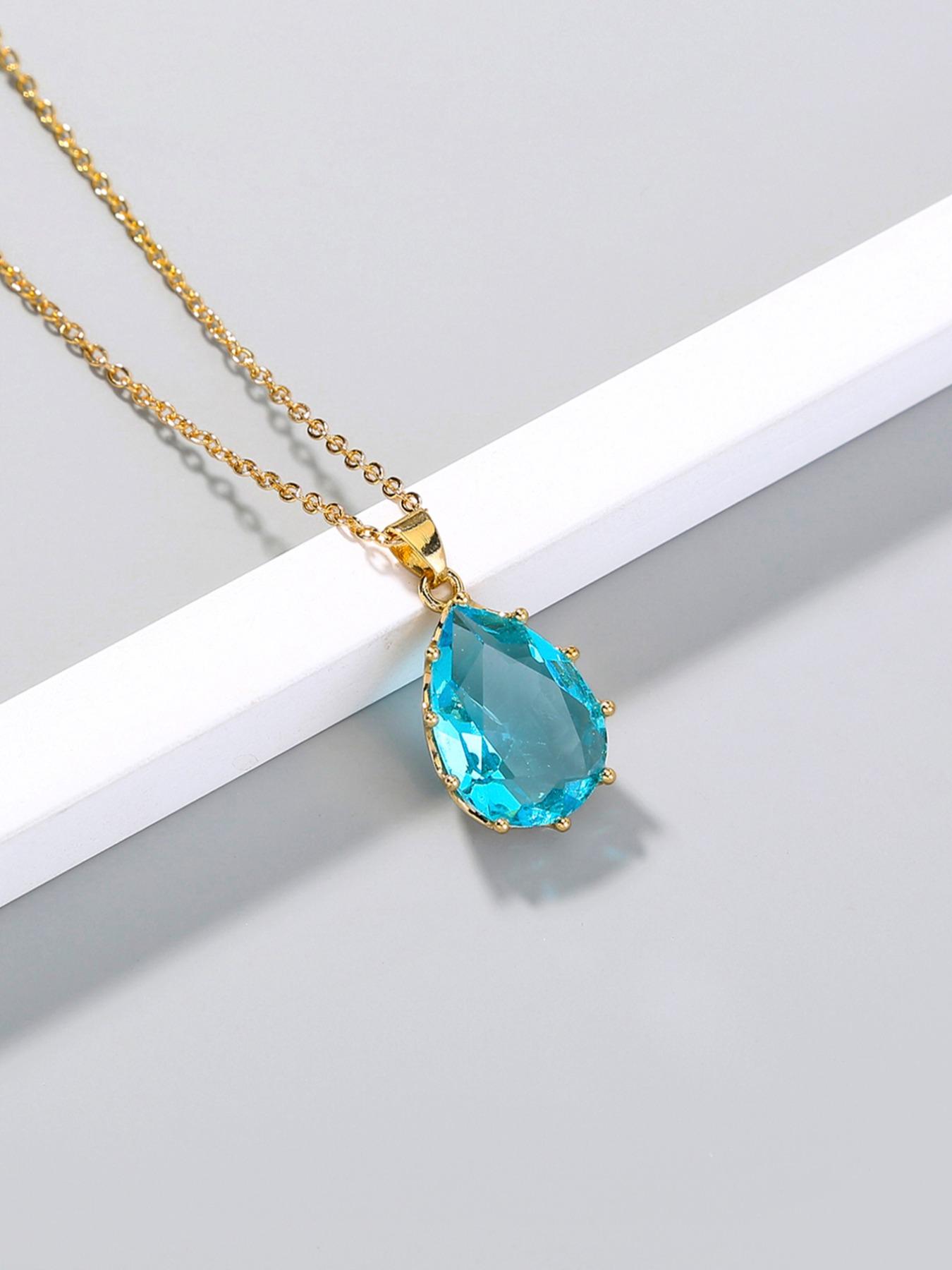 Simple Single Layer Transparent Gemstone Water Drop Crystal Zircon Pendant Necklace, Elegant Jewelry for Women, Perfect Gift Idea