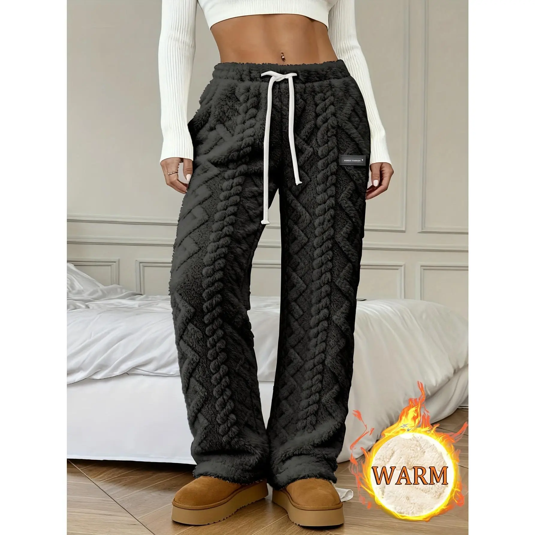 Women's Plus Size Jacquard Weave Cotton Loungewear Pants - Winter-Lined, Comfy Drawstring Traditional Cut Japanese Pants for Home Wear