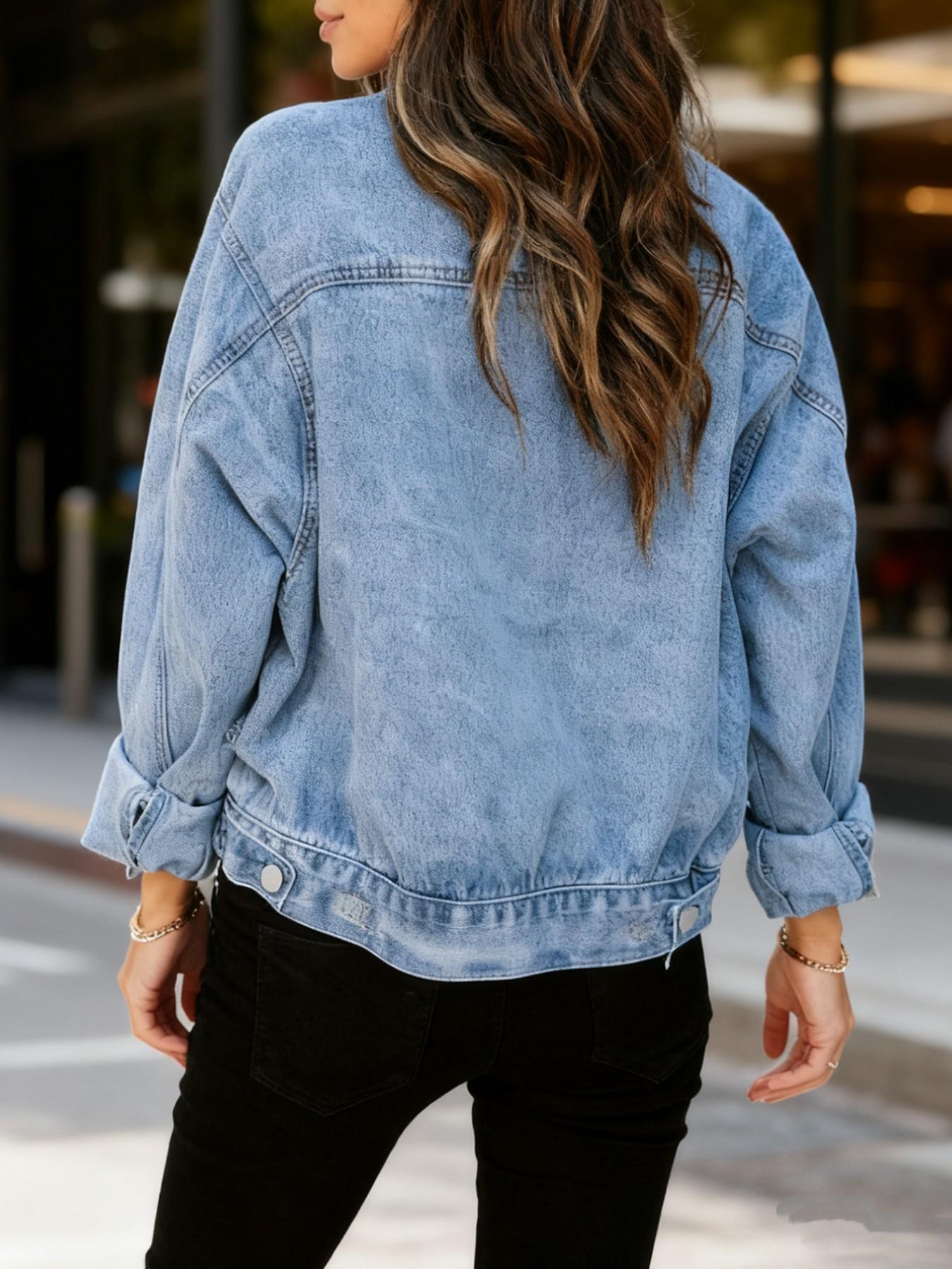 Women's Denim Jacket with Leopard Patch, Long Sleeve Button Fly Coat, Fitted Lapel Outerwear for Casual Style, Back to School Shopping