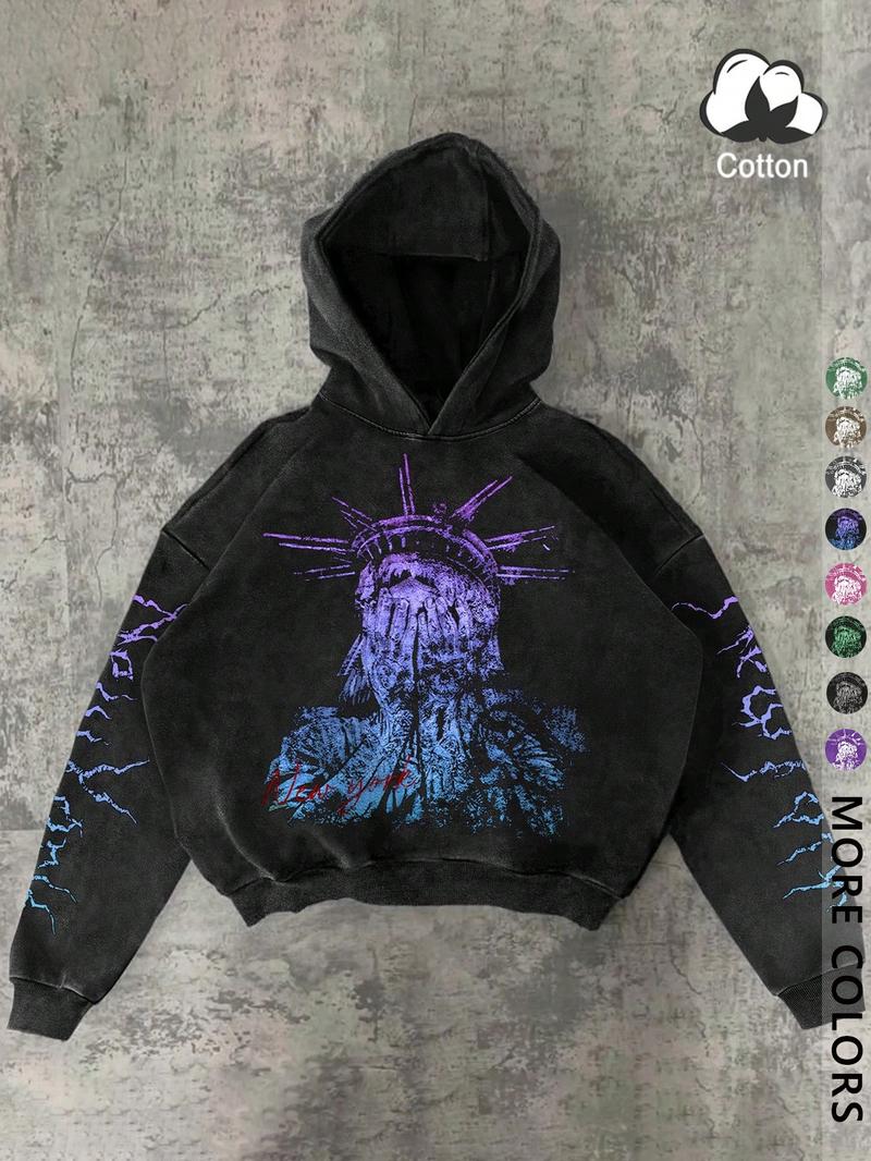Unisex Streetwear Graphic Hoodie, New York Statue of Liberty & Gothic Symbols, Fall Winter Fitted Cotton Pullover, Casual Y2K Style