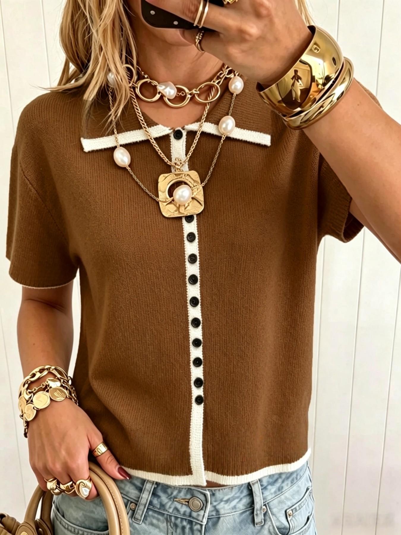 Elegant Polo Neck Button Front Pullover, Casual Colorblock Short Sleeve Top, Loose Fit Fall Fashion Women's Sweater