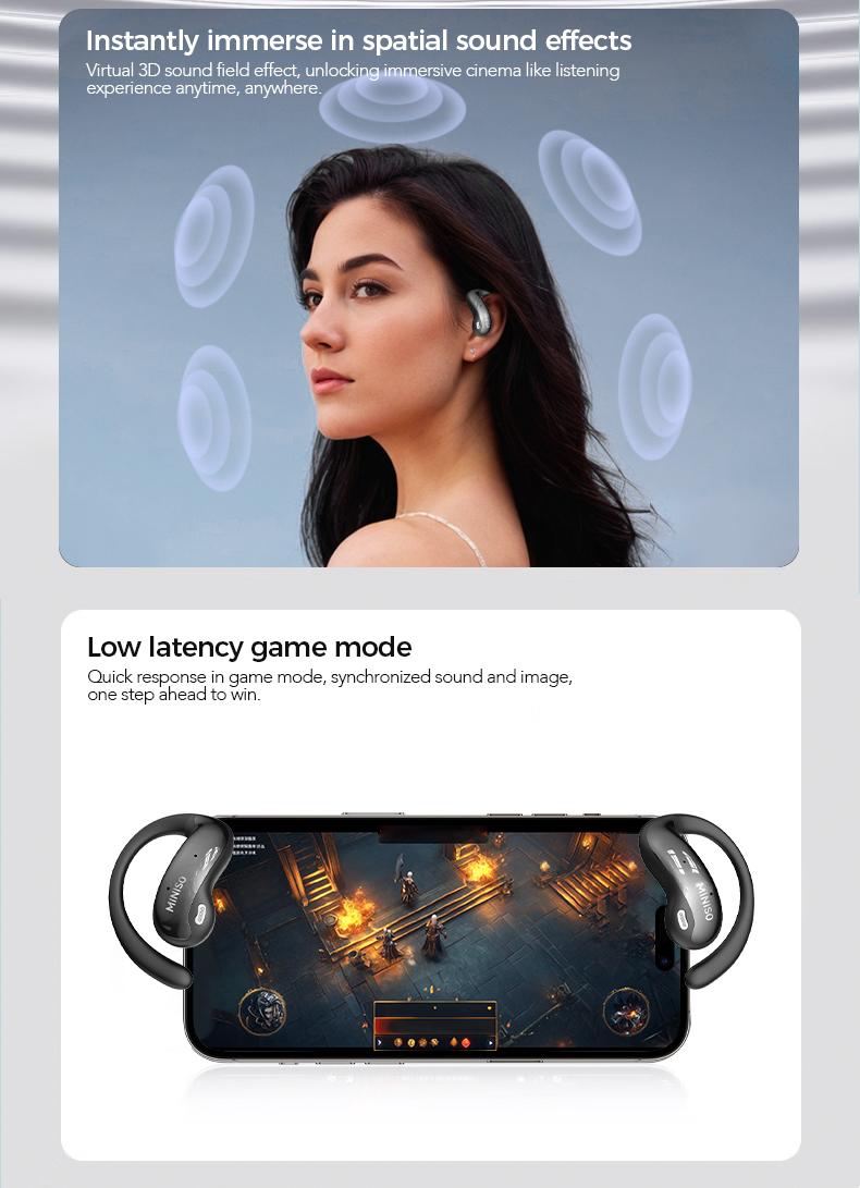 MINISO MS188 LCD Wireless Bluetooth Earphones,OWS Open Ear Headphones with Mic,Full Color Display Charging Case Headsets for music sports, Earbuds with Earhooks