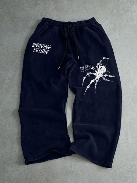 Men's Letter & Spider Print Drawstring Waist Loose Straight Leg Pants, Casual Lounge Pant, Casual Fall Winter Fitted Design, Multiple Colors Available