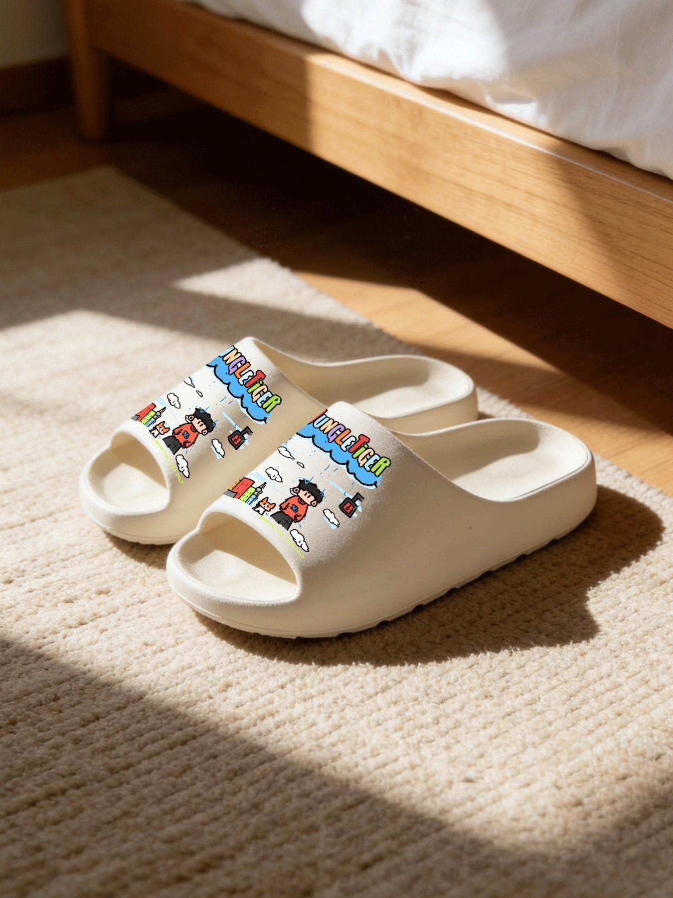 1 Pair Cool JungleTiger Boy Cartoon Printed Thick Sole Slippers, Personalized Street Style, Non-slip Soft Sole, Indoor & Outdoor Dual-use, Open Toe Slides, Casual Slippers