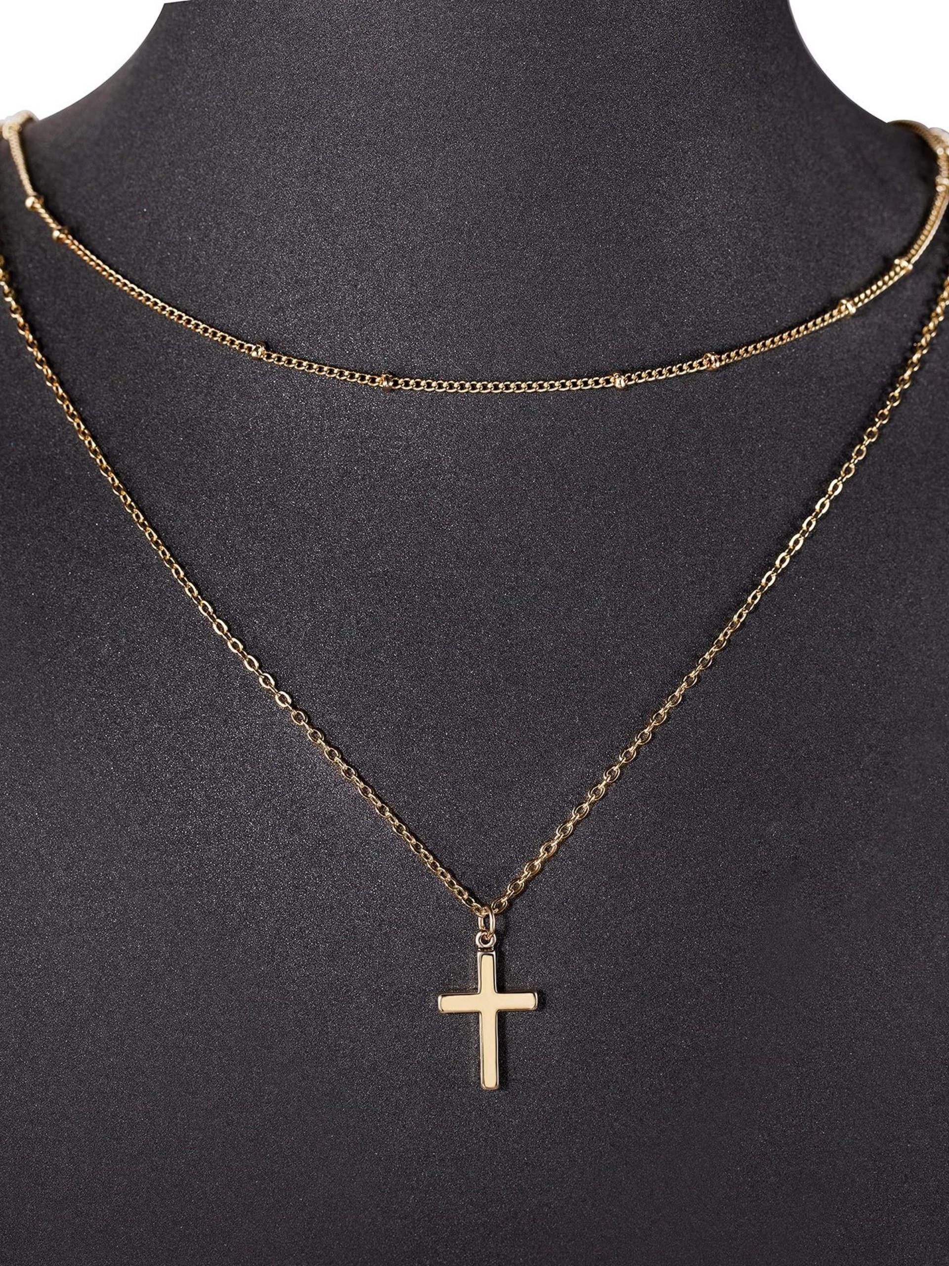 Women's Stainless Steel Cross Chain Beaded Necklace, Elegant Minimalist Design, Double Layer Crucifix Pendant Jewelry