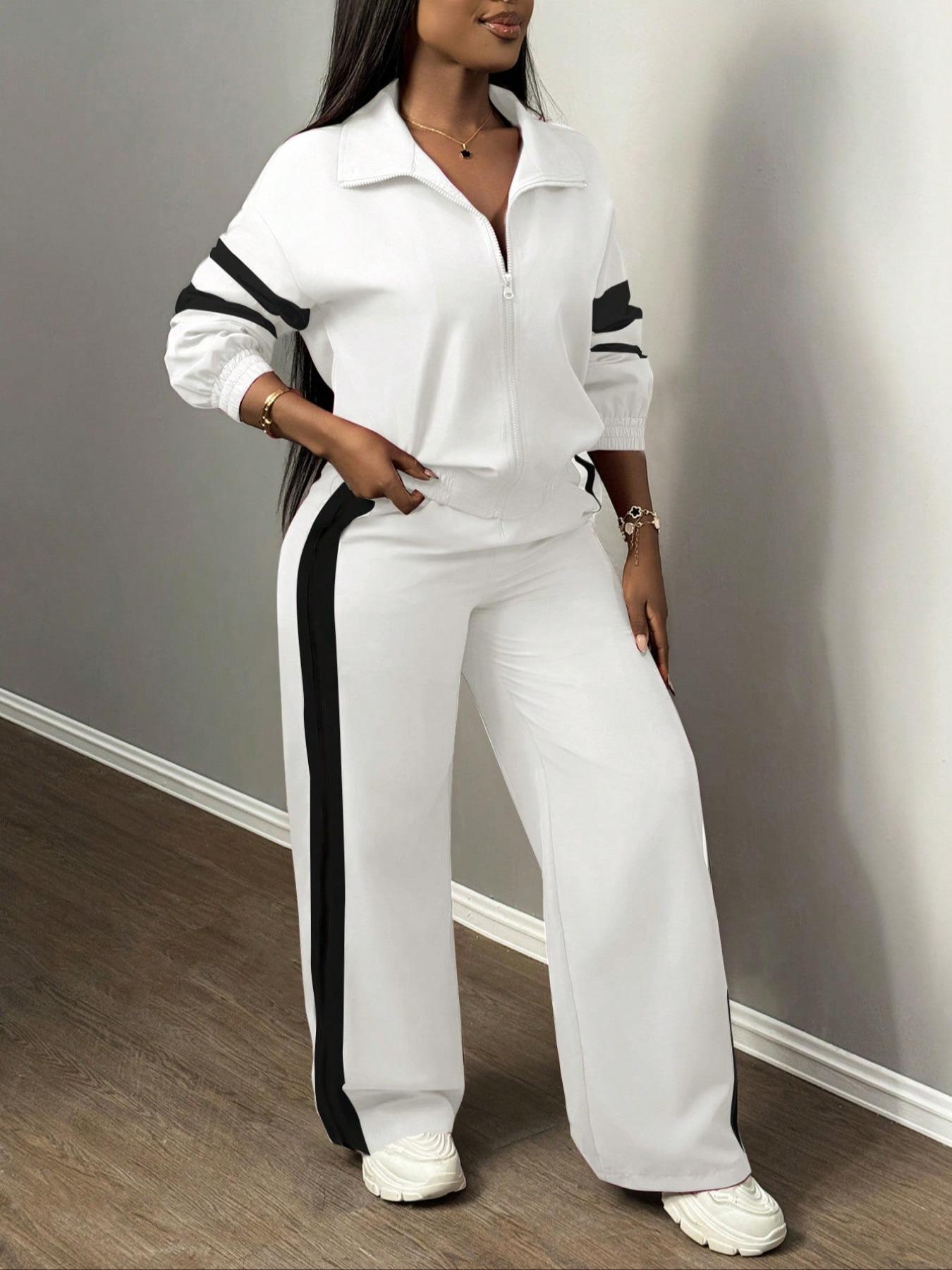 Women's Zipper Jacket & Striped Wide-Leg Pants Set, Fitted Streetwear & Casual, Two-Piece Suit for Daily Wear, Airport Outfit