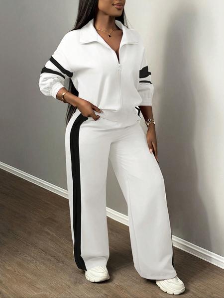 Women's Zipper Jacket & Striped Wide-Leg Pants Set, Streetwear & Casual, Two-Piece Suit for Daily Wear, Airport Outfit