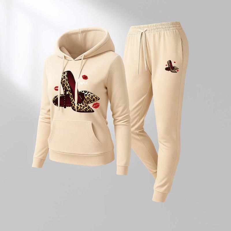 Women's Leopard Print Love High Heels Hoodie And Drawstring Track Pants Set, Casual Sportswear, Long-Sleeved Hooded Jacket And Pants, Suitable For Autumn And Winter, Everyday Wear, Indoor And Outdoor Sportswear, Casual Sportswear.