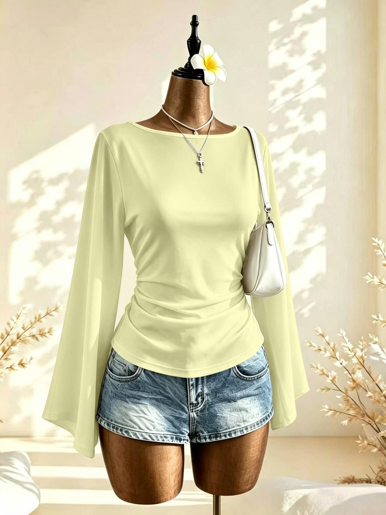 French Lazy Style Plain Color One-Shoulder Bell Sleeve Top, Side Pleat Waist Slimming Commuter Shirt, Choose 1/2 Pieces