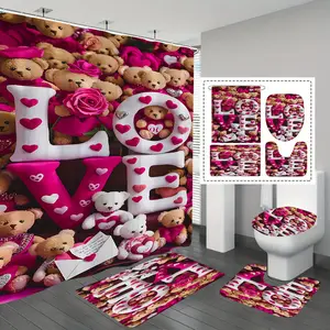 A Set of 1-4pcs Featuring The "Love'S Avatar" Design for a Bathroom Shower Curtain, Making It an Ideal Valentine'S Day Gift. It Includes 12 Hooks, a Non-Slip, a U-Shaped Toilet Pad, a Toilet Seat Cover, And Decorative Items for The Bathroom