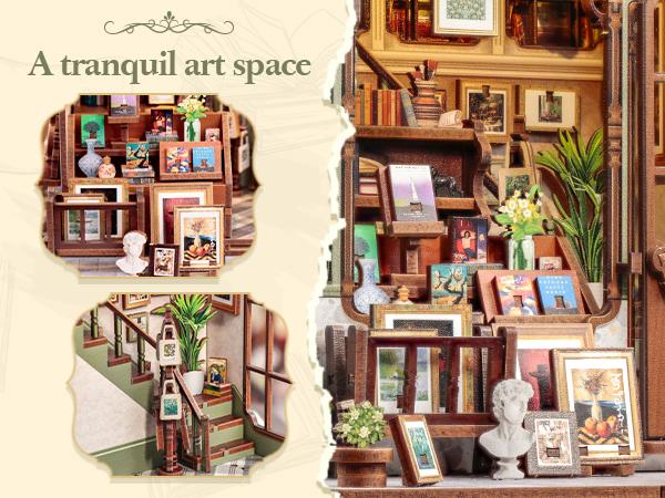 CUTEBEE DIY 3D Dollhouse Kit Gallery Bookstore Wooden Miniature House Book Nook with Handmade Details Tiny House Bookshelf Decor for Holiday Christmas and Black Friday Gift