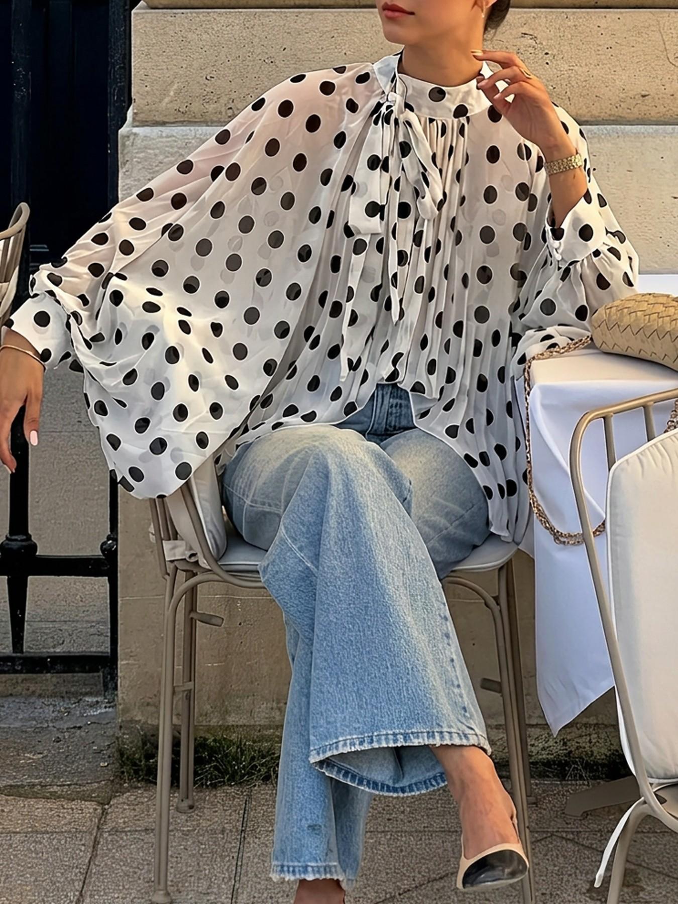 Women's Polka Dot Sheer Chiffon Blouse, Bow Tie Neck & Long-Sleeve Top, Loose Fit Elegant Feminine Shirt for Casual Daily, Party, Commute & Vacation Wear, Spring Summer Layering