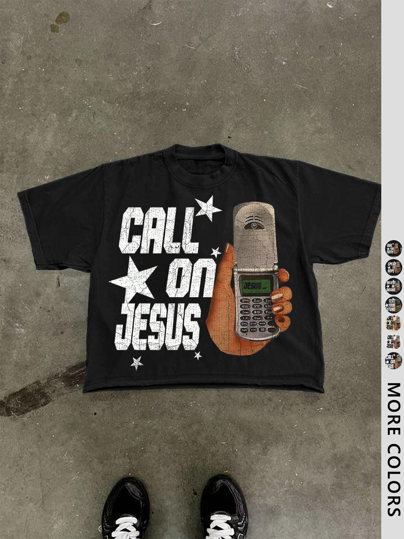 Men's Cotton T-Shirt, Short Sleeve, Phone & Star Print, Loose Fit, Casual Style, Summer Fashion, Outdoor Sports Streetwear