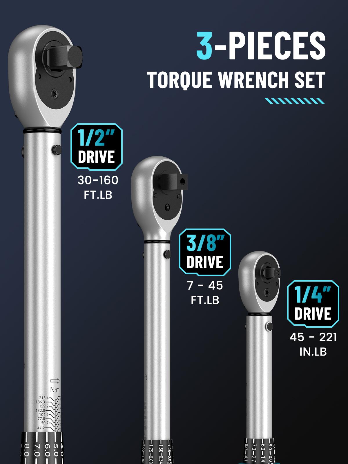 Seesii 1/4 3/8 1/2-inch Drive Click Torque Wrench Set - 8Pcs, Ultra-Precise ±3% Accuracy, 72-Tooth Dual Scale for Bike/Moto/Car Repair, Multi-functional Torque Wrench 45-221in.lb, 7-45ft.lb, 30-160ft.lb with Adapters, CH450 Black Friday Deals