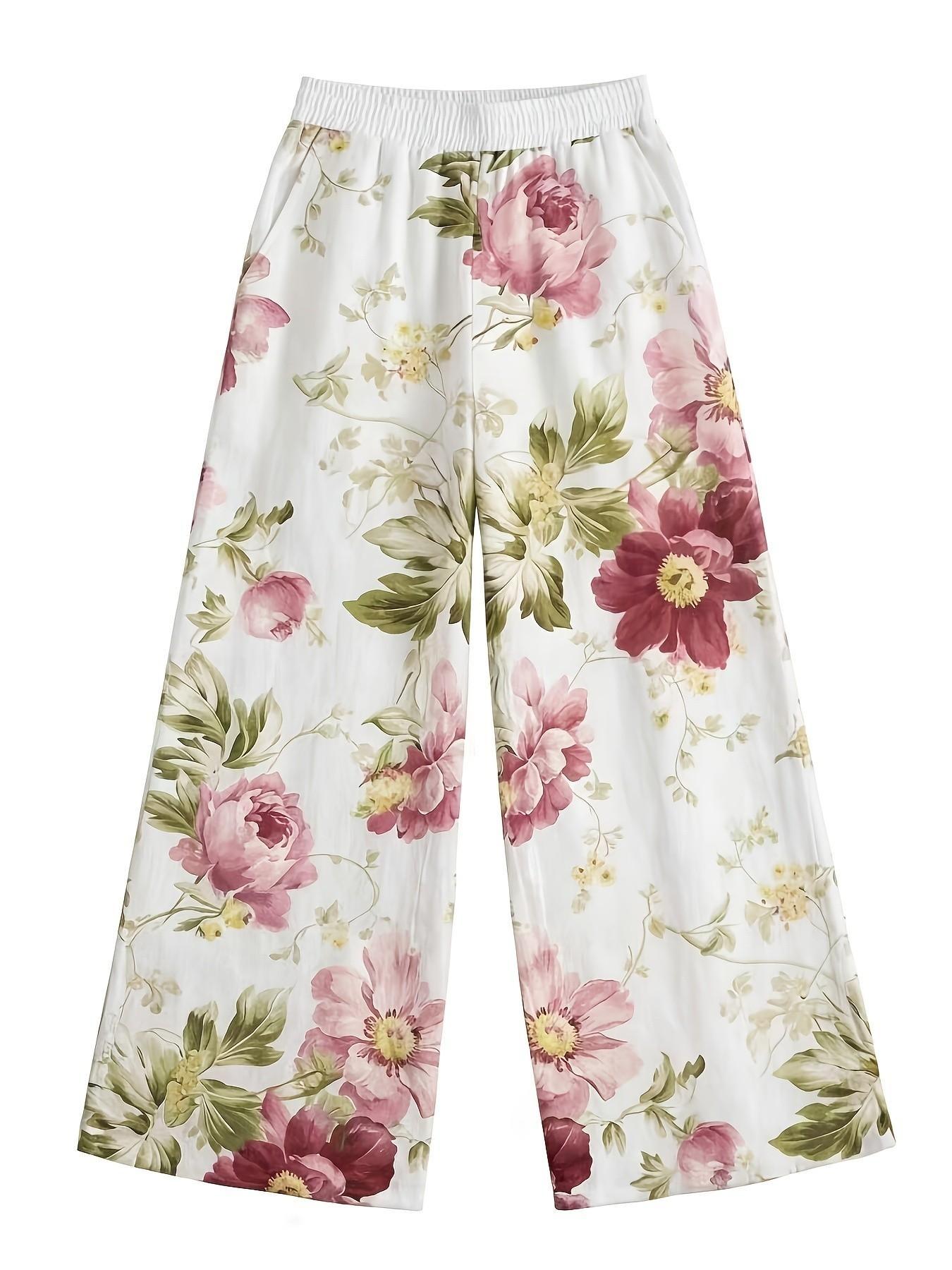 Women's Floral Print Casual Chic Boho Style Bohemian Wide Leg Long Pants with Elastic Waist, Comfortable Breathable Fabric, Ideal for Vacation, Home, Everyday Wear, Suitable for Spring, Summer, Fall, Boho Festival Trousers