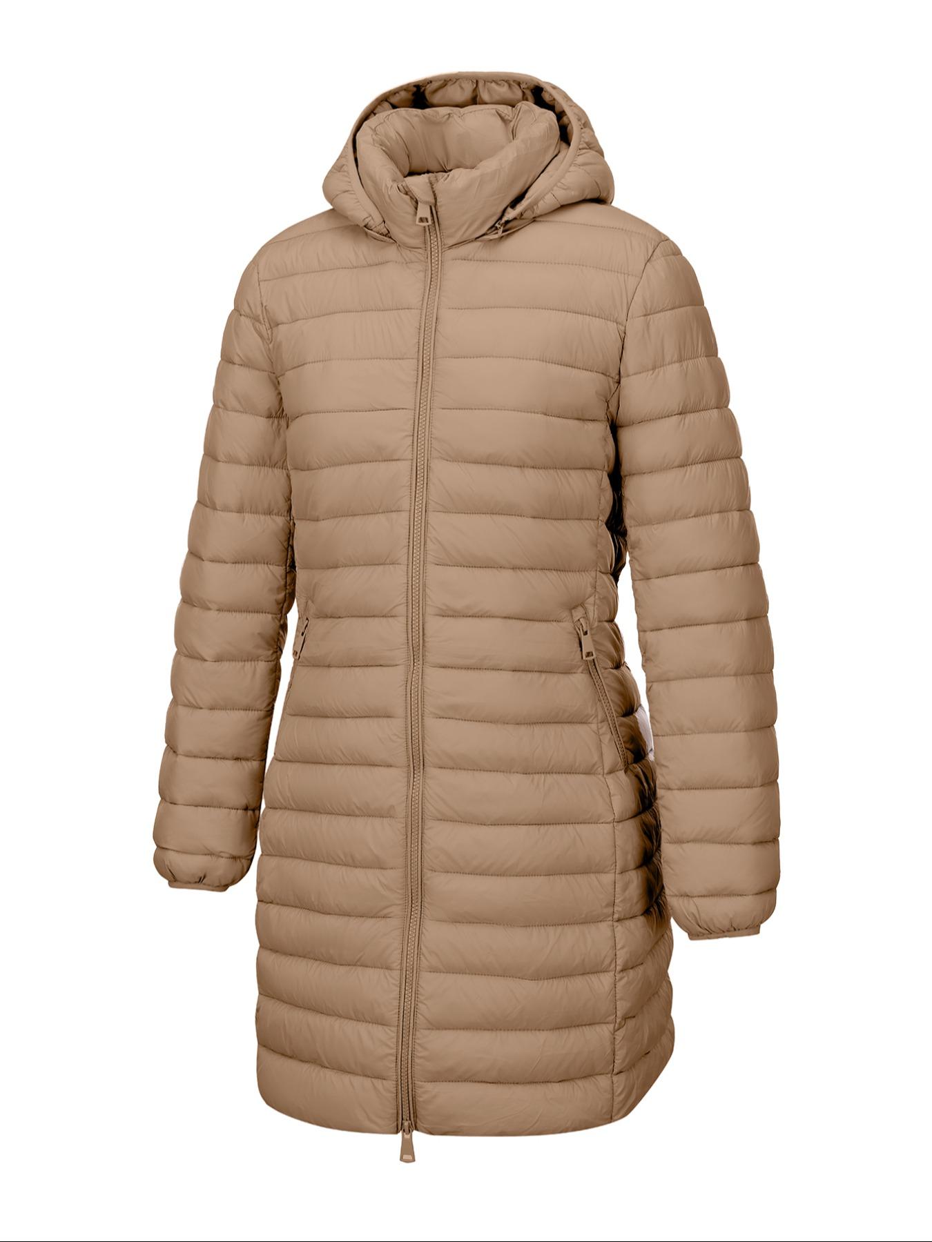 Women's Mid-Length pufferHooded Jacket with Zipper Pockets, Casual Plain Woven Fabric Coat for Fall & Winter Outdoor Commuting