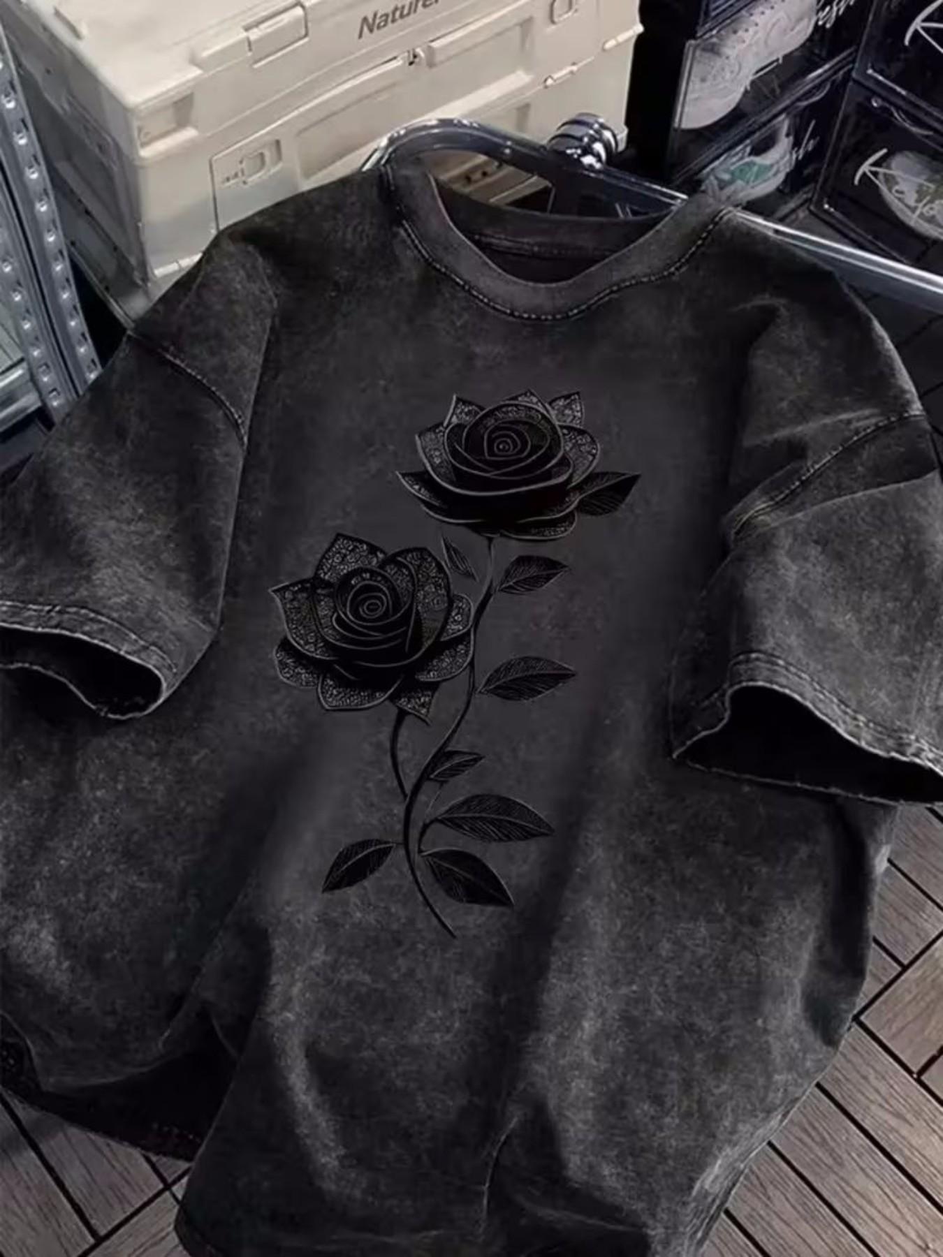 Cotton Short Sleeve Long T-Shirt, Floral Rose Flower Print Design, Loose Fit, Breathable, Street Casual Style, Perfect for Daily, Streetwear Fashion