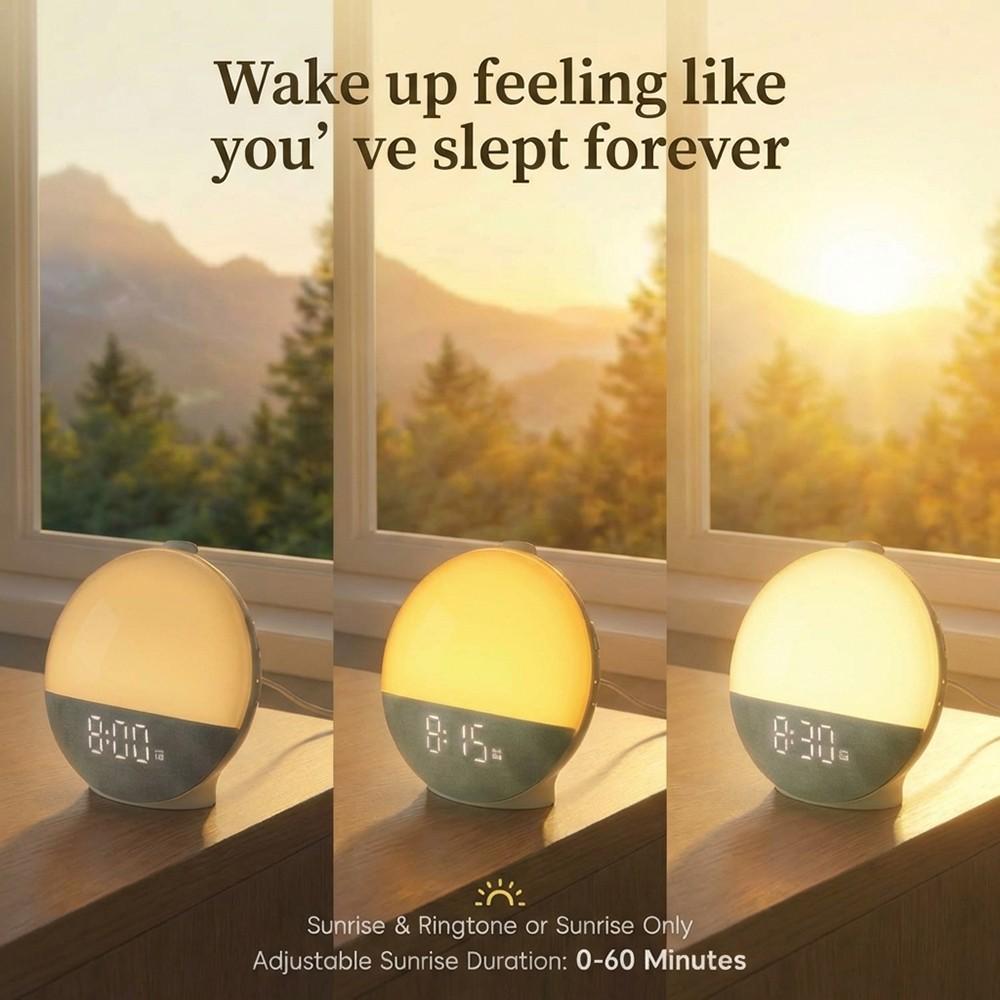 Sunrise Multifunctional Alarm Clock with White Noise Machine, Bluetooth Speaker, Color Changing Night Light, Fabric Cover, for Bedroom – Perfect Gift for Adults and Kids, Sleep Aid & Home Decor