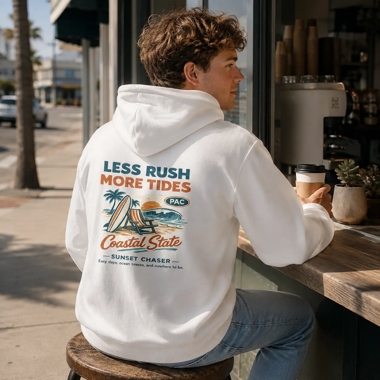 Men’s Vintage Coastal Surf Graphic Hoodie - White Pullover Sweatshirt, All Seasons, Medium Length, Kangaroo Pocket, Machine Wash with Back Print