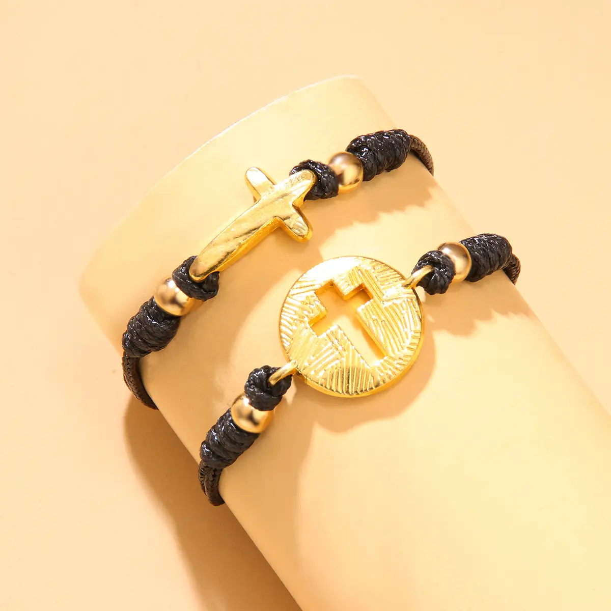 2pcs Boho Style, Vintage Cross Braided Bracelet, Sideways Cutout Coin Charm, Adjustable Knot Design, Everyday Layering Wear, Protection Faith Amulet, Meaningful Spiritual Gift, Retro Aesthetic Jewelry