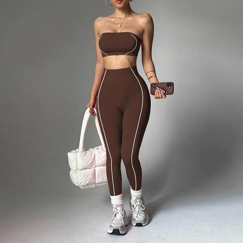 New yoga outfit for women, color-blocked bustier top, peach butt slim-fit long pants, fitness sportswear