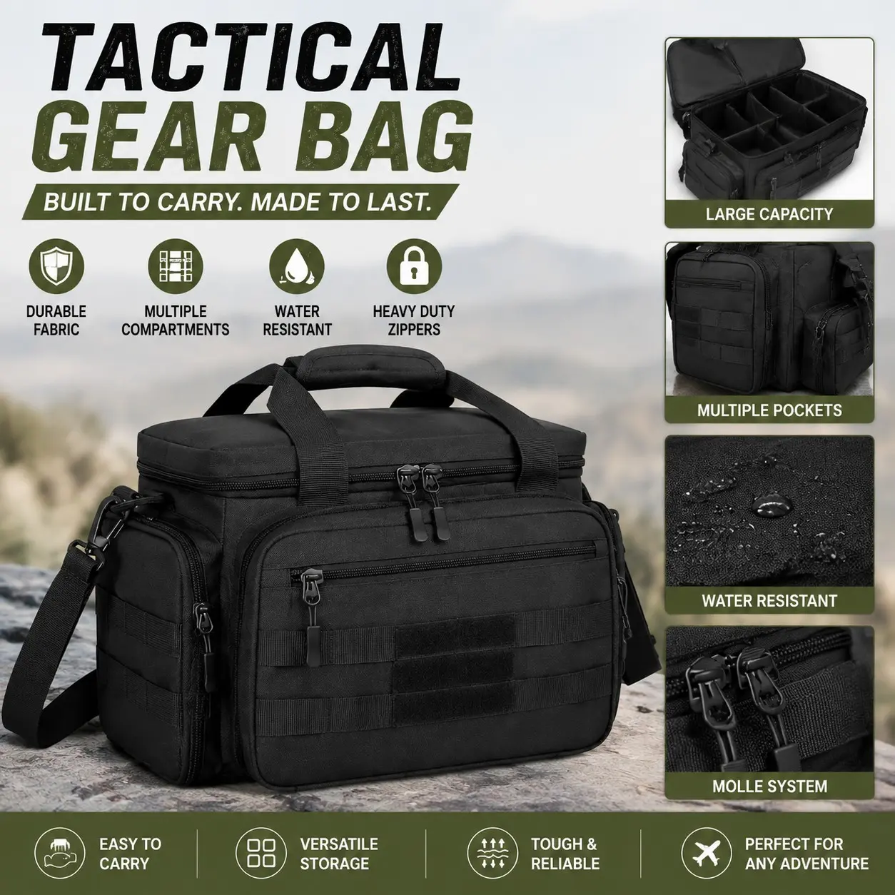 Tactical Storage Bag, Large Capacity Organizer Duffel Bag with Multiple Compartments, Water Resistant Gear Bag with Adjustable Shoulder Strap for Travel, Camping, Gym & Outdoor Activities