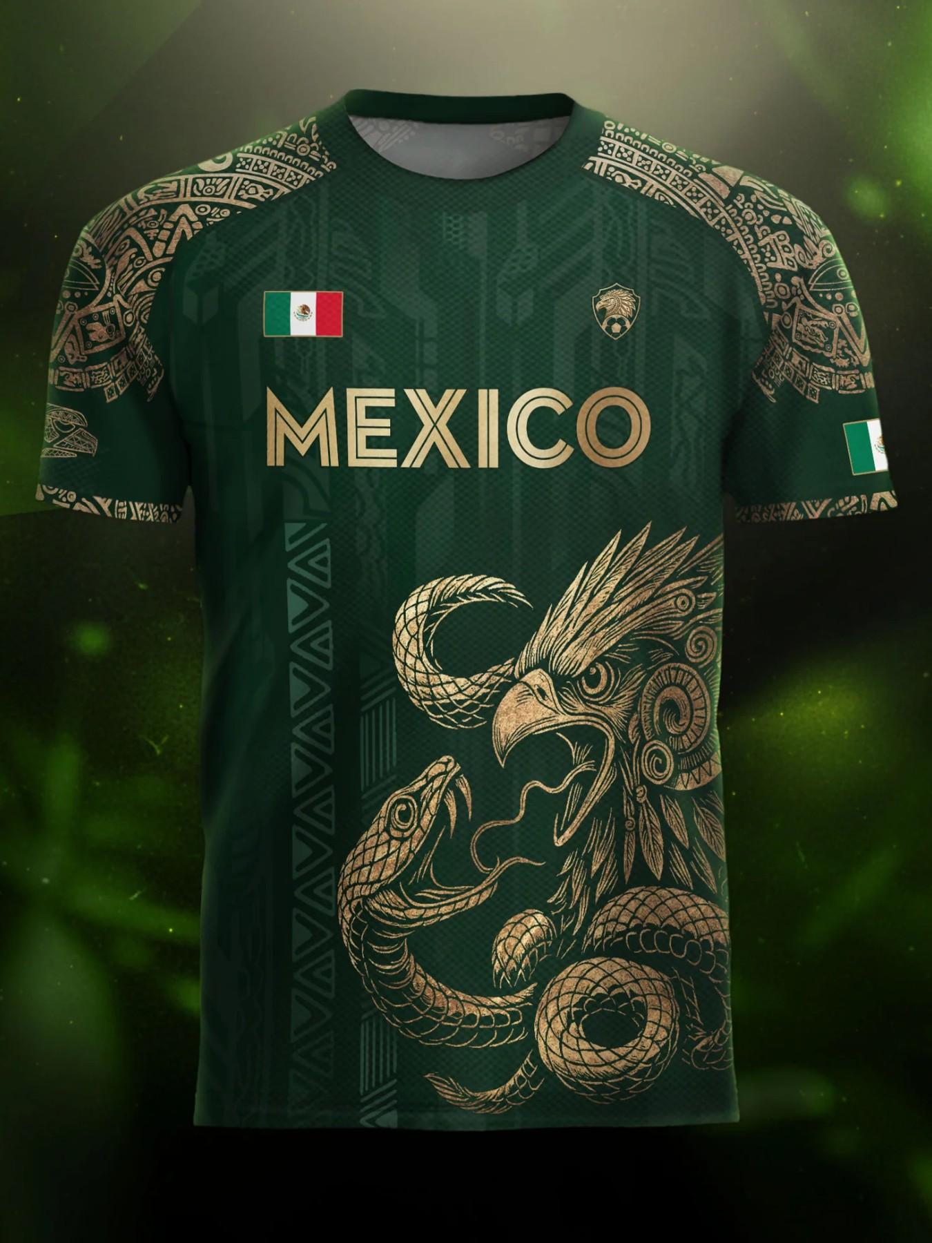 Mexico Aztec Eagle Heritage Soccer Jersey, All over Print, Fitted Casual Style for All Seasons, Unique Animal and Tribal Design