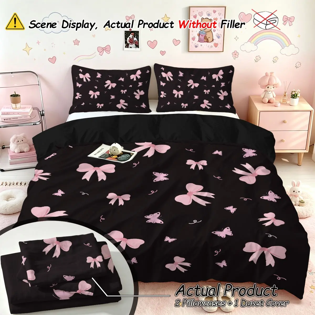 3-piece bedding set, Soft bedding sets (1 duvet cover + 2 pillowcases, no filling) in black and pink with bow print, made of 100% polyester fiber, soft and comfortable, suitable for room décor, all year round, Comfy Bedding Set