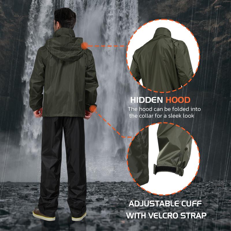 【RODEEL】702 Waterproof Jacket and Pants Set Men Lightweight Breathable Full Zip Hooded Rain Coat Durable Rain Suit Weatherproof Rainwear Windbreaker For Outdoor Sports Hiking Camping Fishing Boating Construction Landscaping Gardening, Holiday Gift