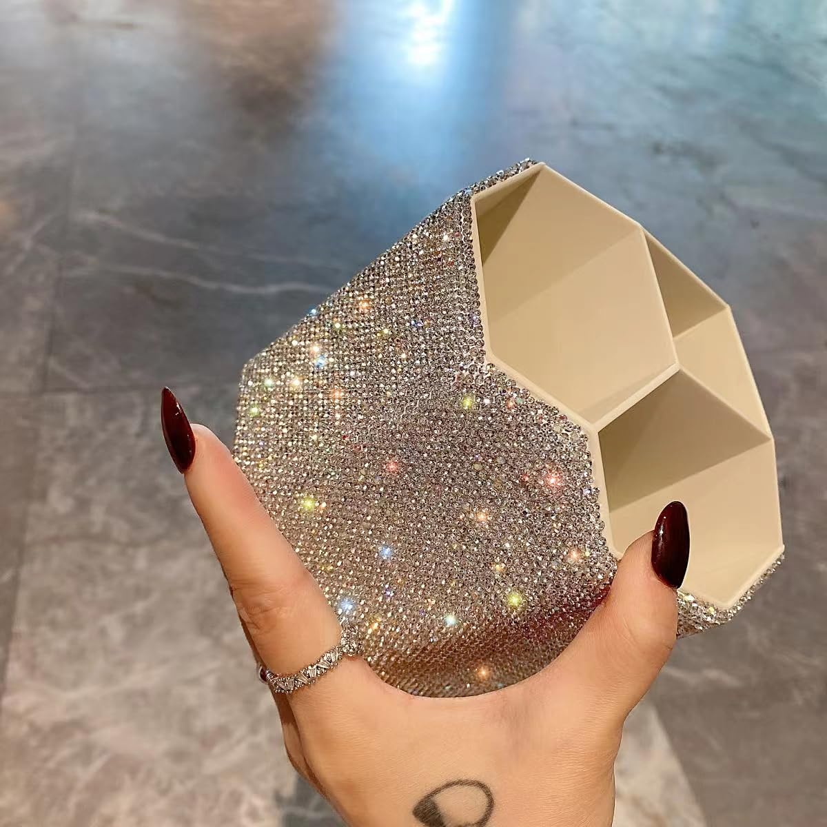 Shiny Bling Decoration Makeup Brush Holder Organizer - 360° Rotating Glitter Rhinestone Storage Box with 5 Slots, Large-Capacity Organizer for Pens, Perfume & Makeup Storage on Bathroom Countertops