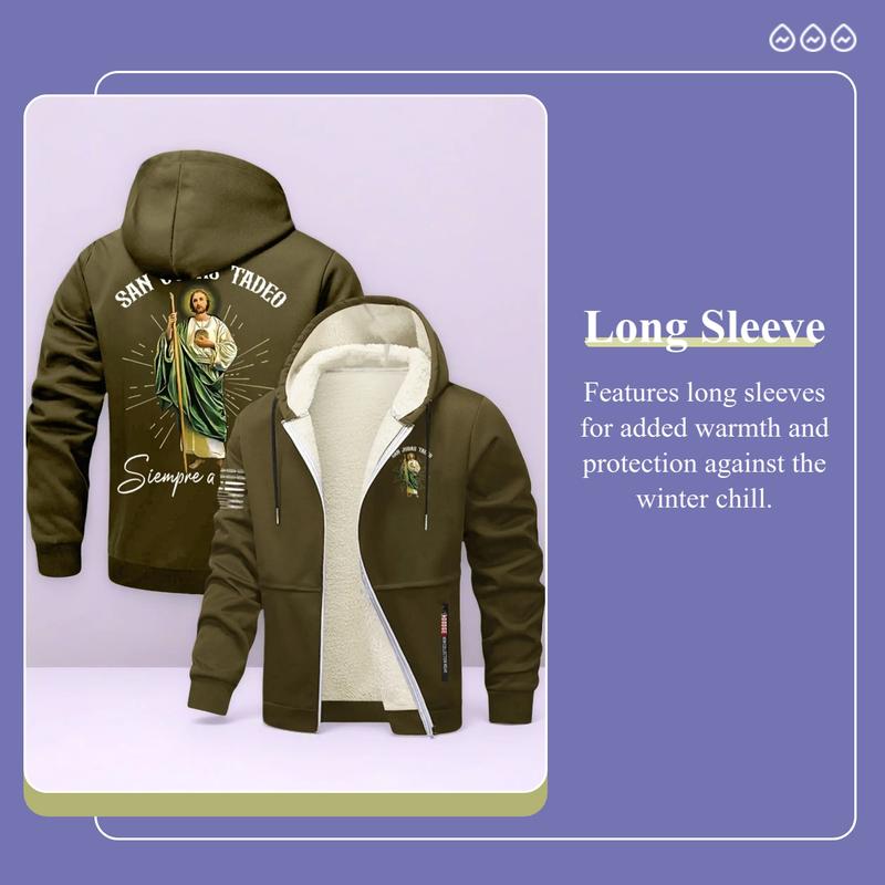 St. Jude Thaddeus Print Fleece Hooded Jacket, Winter Warm Windproof Skin-Friendly Thick Sweatshirt, Long Sleeve Casual H-Type Cartoon Pattern, Heavyweight Fleece Hoodie