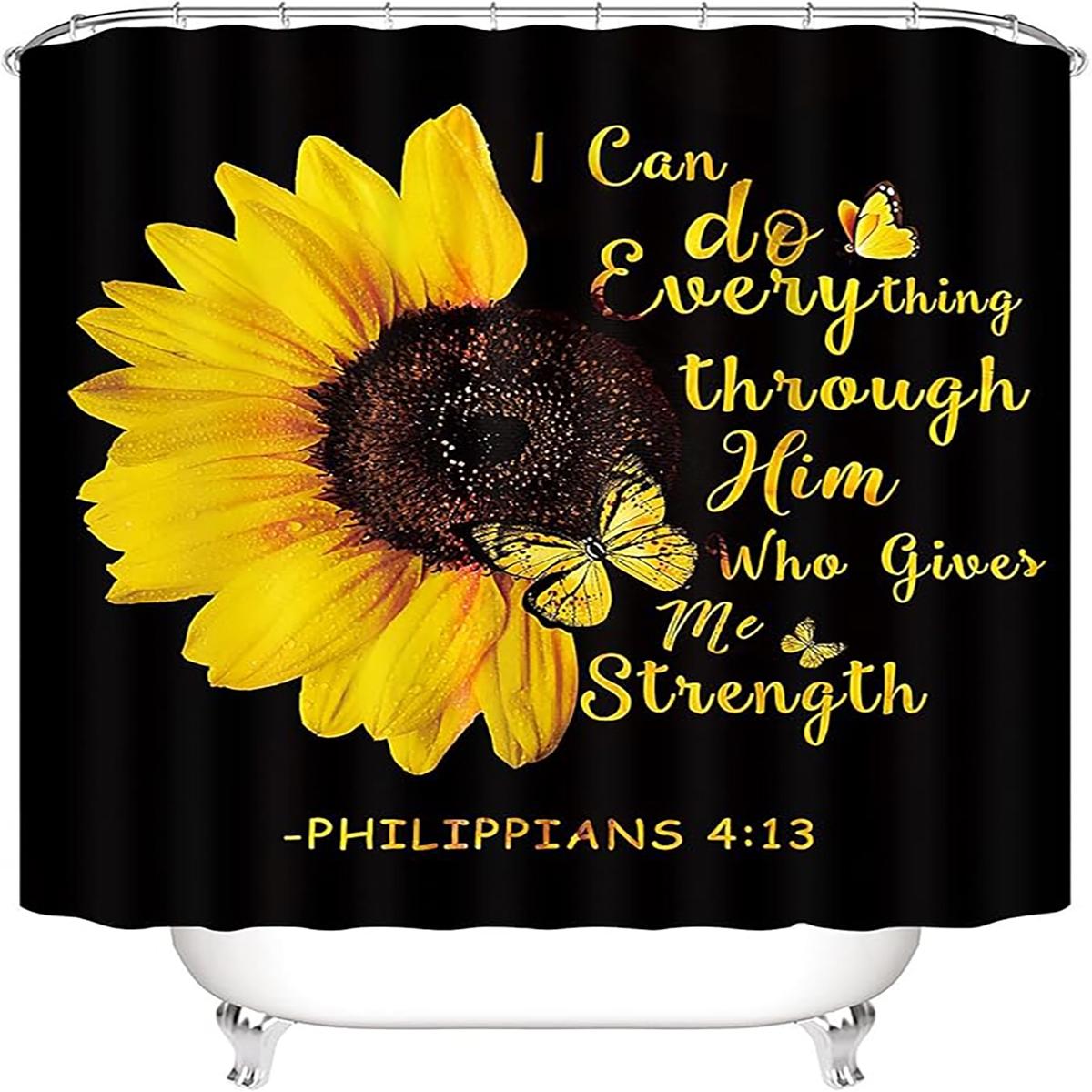 1/4pcs Sunflower Inspirational Quotes Themed Shower Curtain Set, includes a non-slip mat, U-shaped rug, and toilet seat cover. Perfect for bathroom decoration, partitioning, and beautifying the space. Comes with 12 shower curtain hooks. Shower Essentials