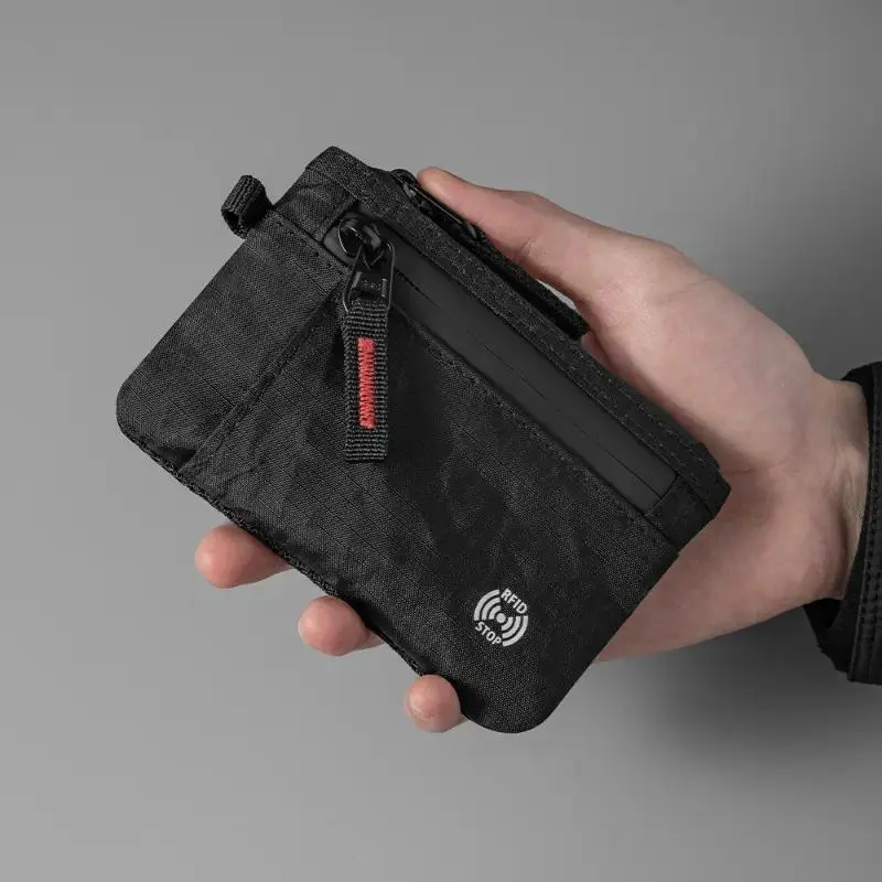Men's Mini Tactical Card Pouch With Rfid Blocking Function Rip‑stop Nylon Zipper Wallet Multi‑Slot Portable Coin Holder With Carabiner Hook Wear‑Resistant Compact Storage Bag For Outdoor Commuting Daily Carry And Travel Use