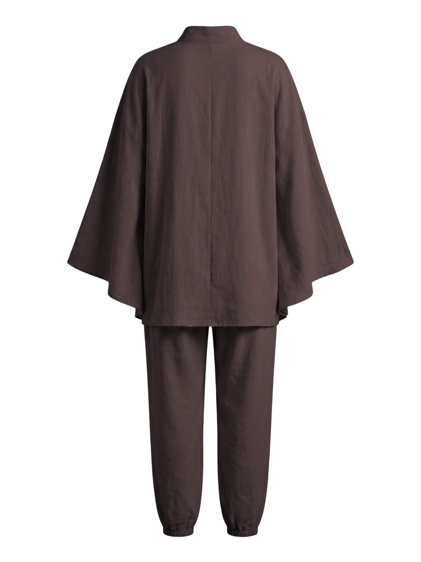 Women's Oversized Light Linen-Look 2-Piece Set, Batwing Long Sleeve Blouse Top & Drawstring Pants, Comfy Casual Style for Travel & Vacation