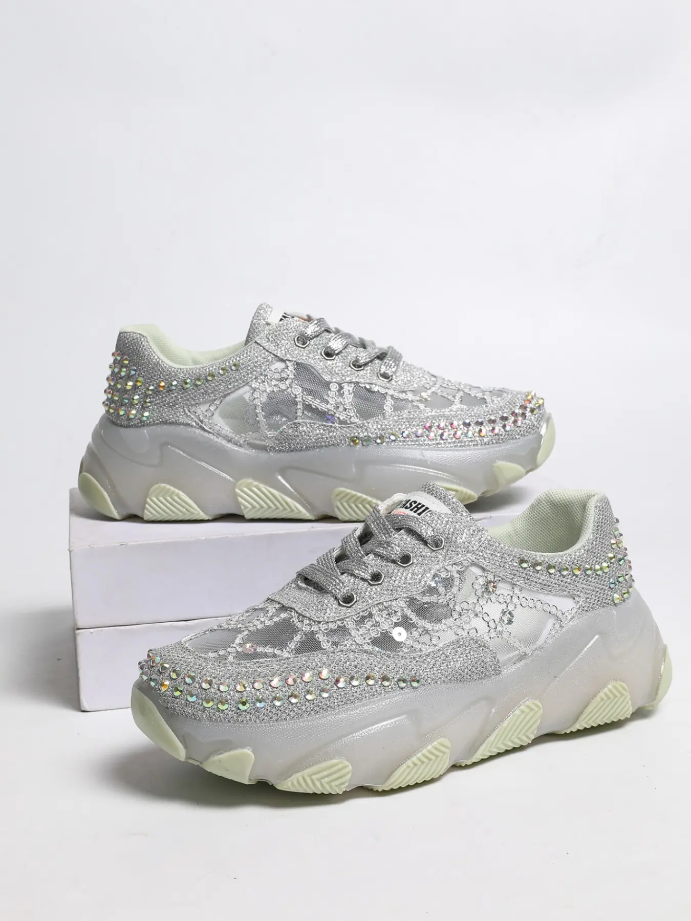 Sparkling Rhinestone Mesh Platform Trainers, Breathable See Through Lace Up Women Dad Sneakers