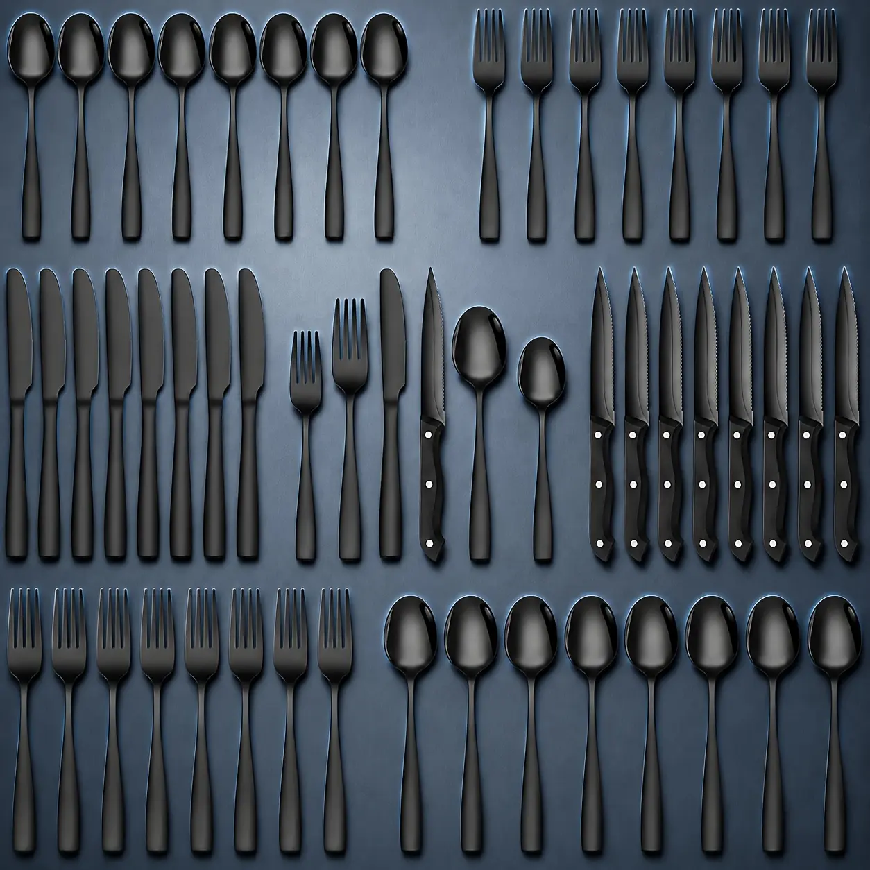 48pcs Black Silverware Set with Steak Knives Service for 8, Stainless Steel Flatware, Mirror Polished Tableware Include Fork Knife Spoon, Dishwasher Safe for Home Kitchen Party Use